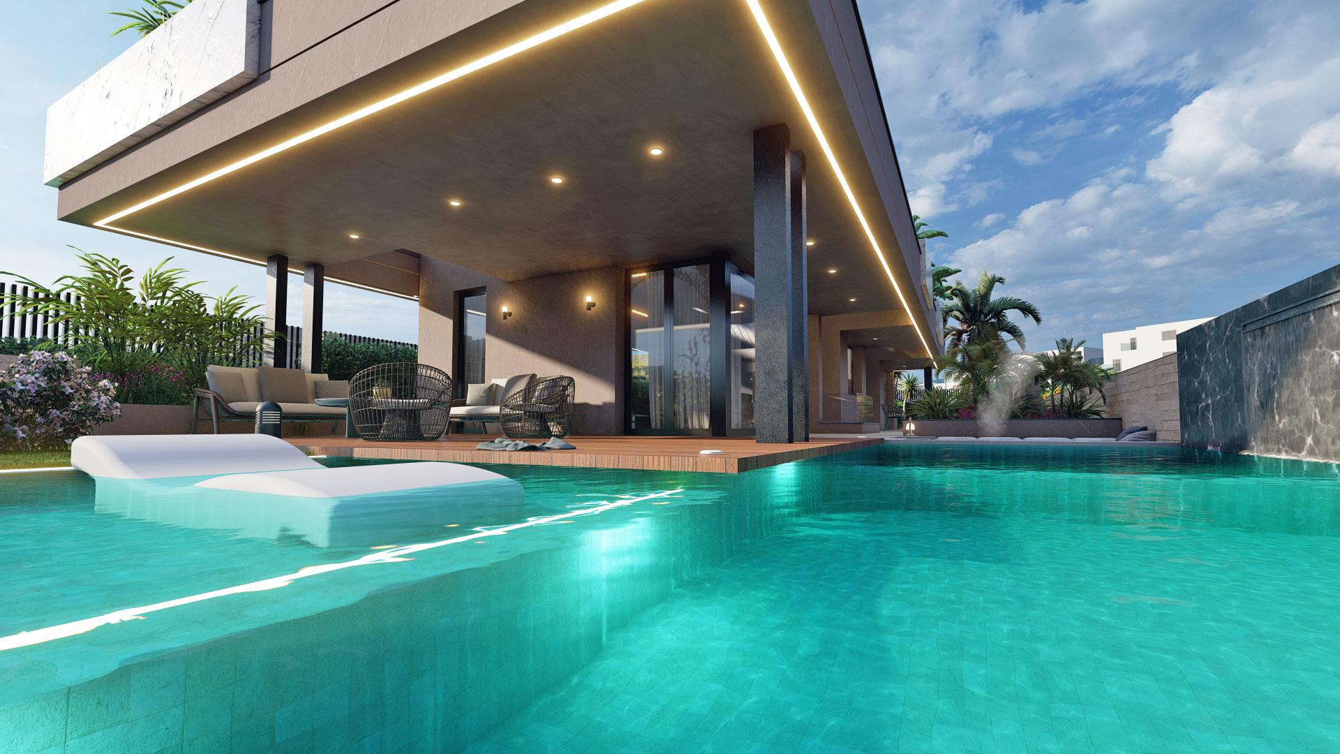 Aerial view showing 673 m2 plot and roof layout, new-build villa, El Higuerón, Fuengirola