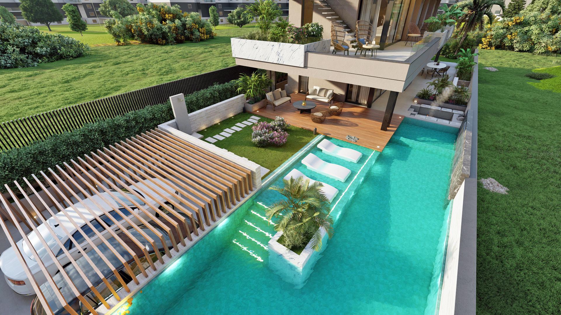 Side elevation and landscaped garden, new-build villa, El Higuerón, Fuengirola