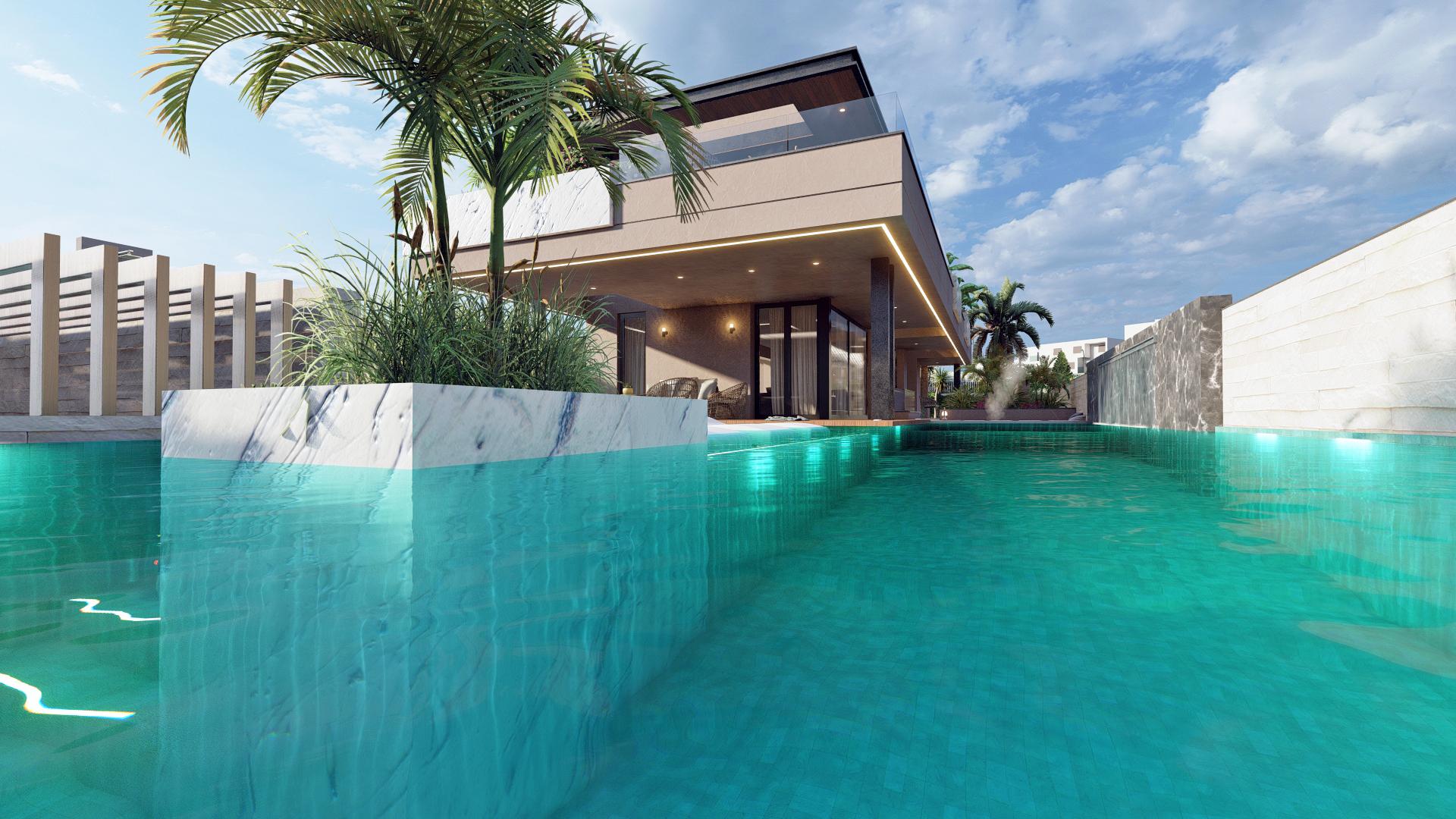 Night-time exterior of new-build villa with architectural lighting, El Higuerón, Fuengirola