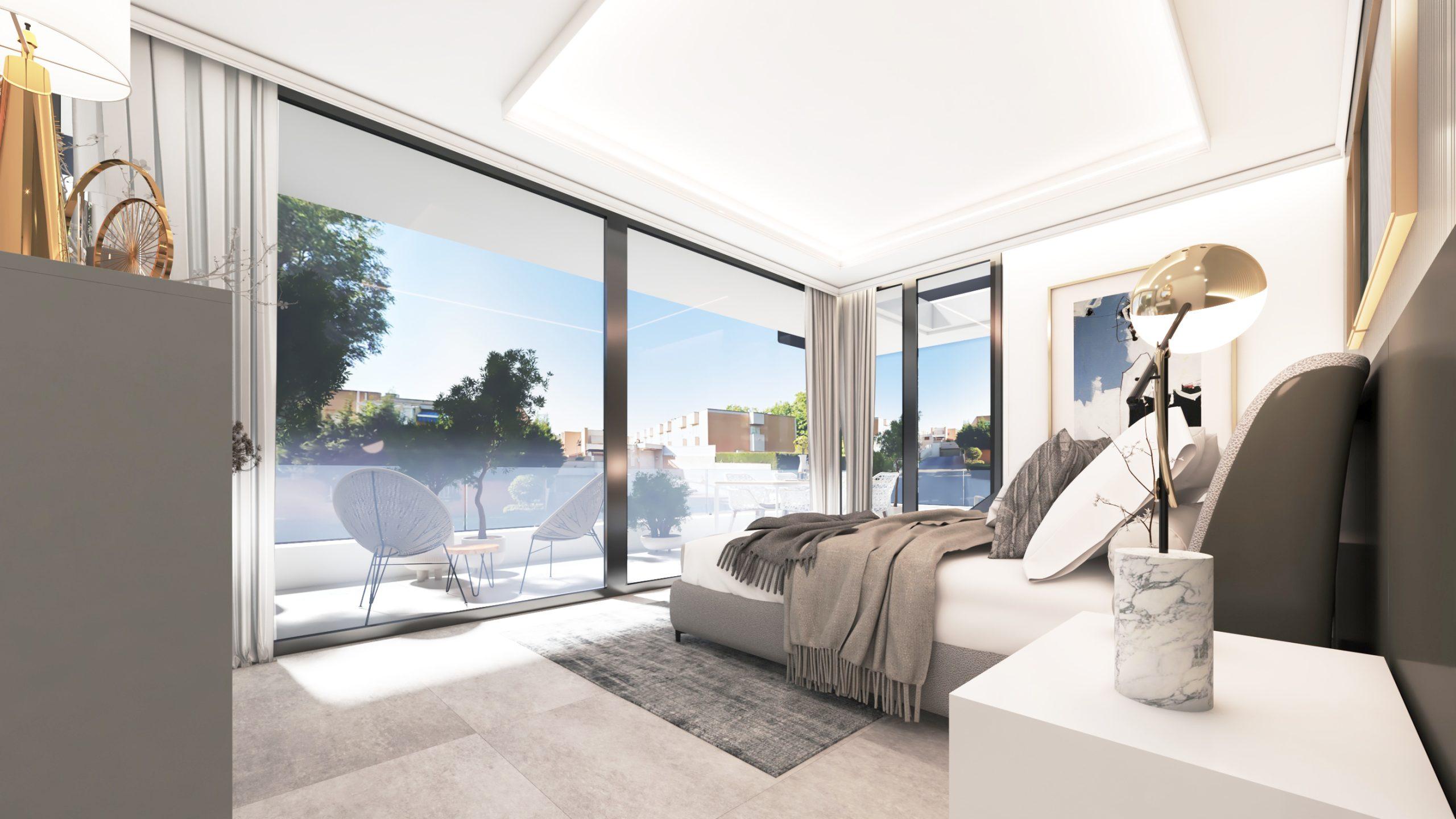 Living room with large glazed sliding doors opening to covered terrace, new-build villa, El Higuerón