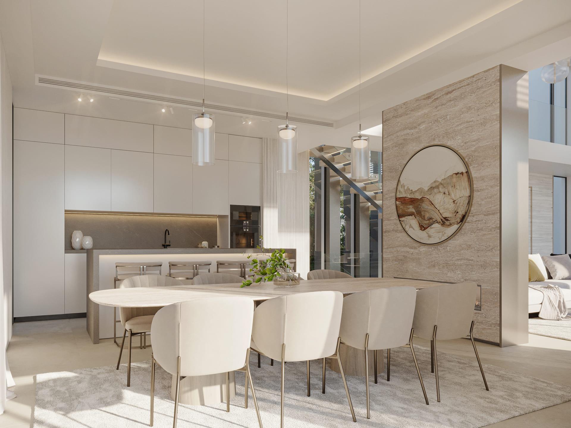 Kitchen island and fitted cabinetry detail, new-build villa, Nueva Andalucía, Marbella