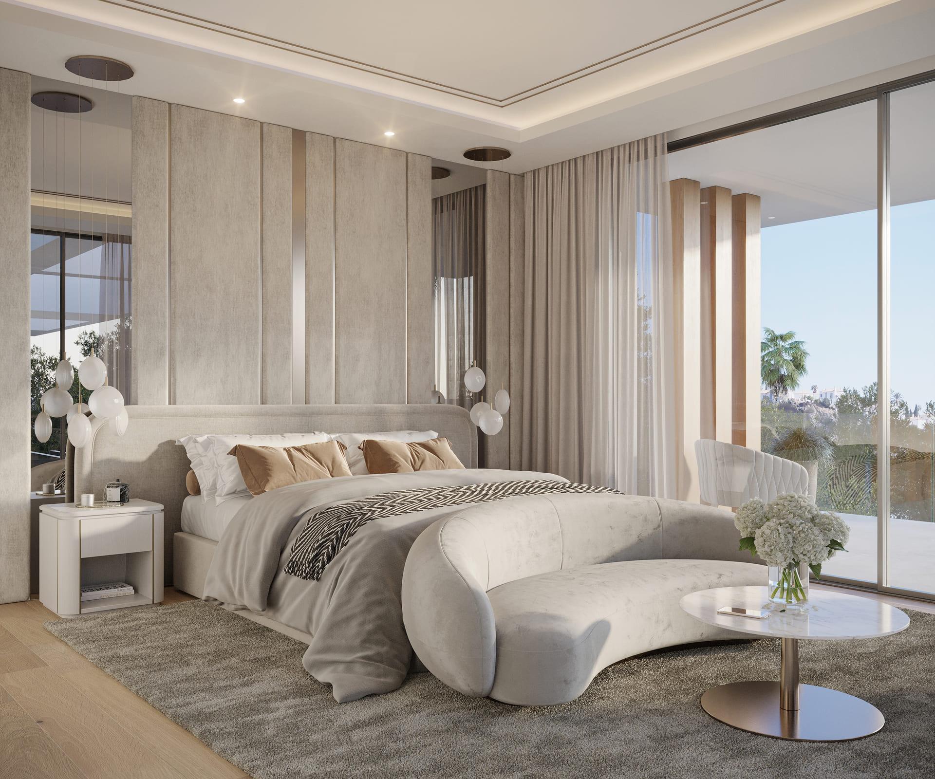 Living room with open-plan layout and fireplace, new-build villa, Nueva Andalucía, Marbella