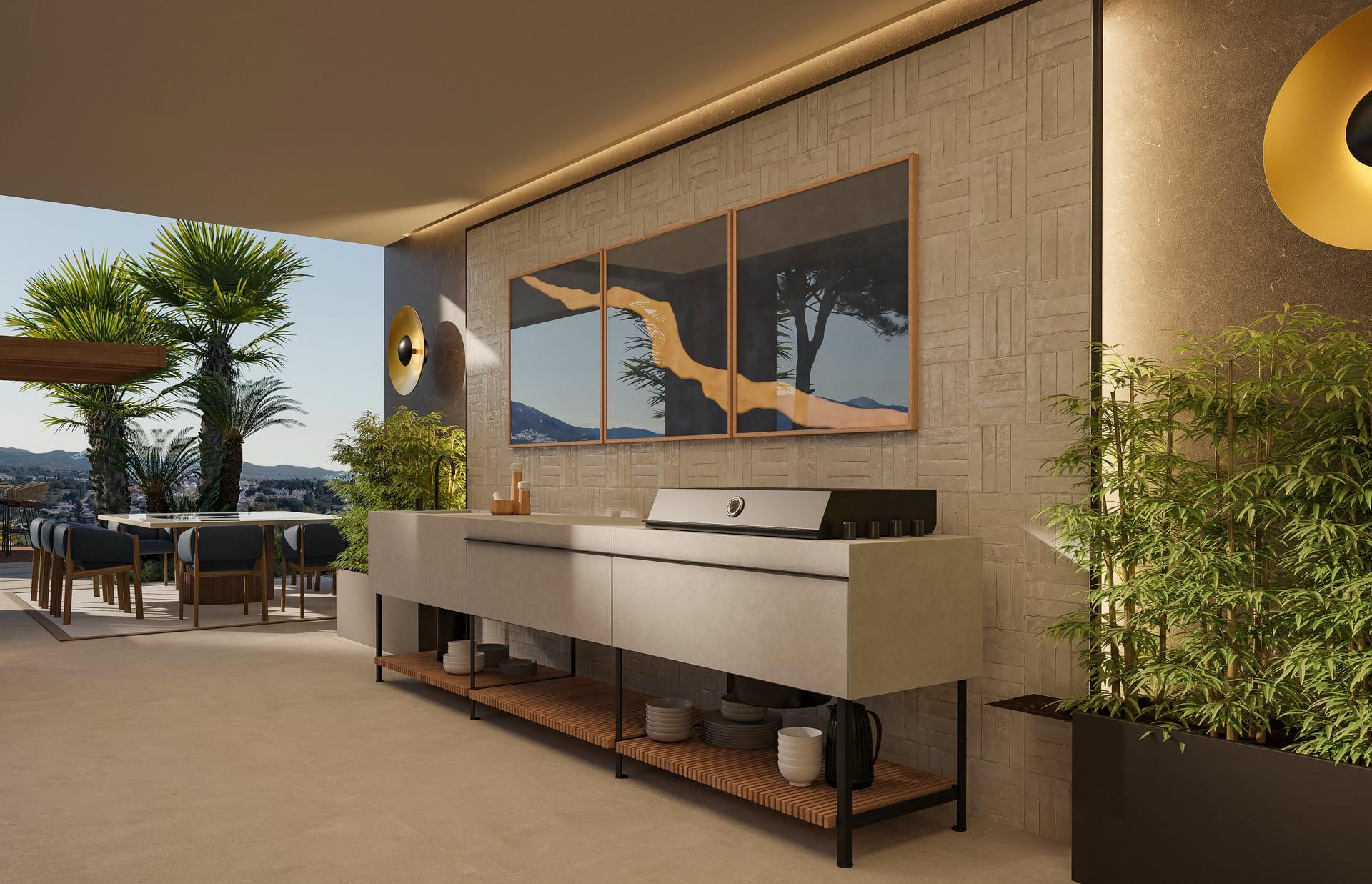 Side elevation and planted garden borders, new-build villa, Nueva Andalucía, Marbella