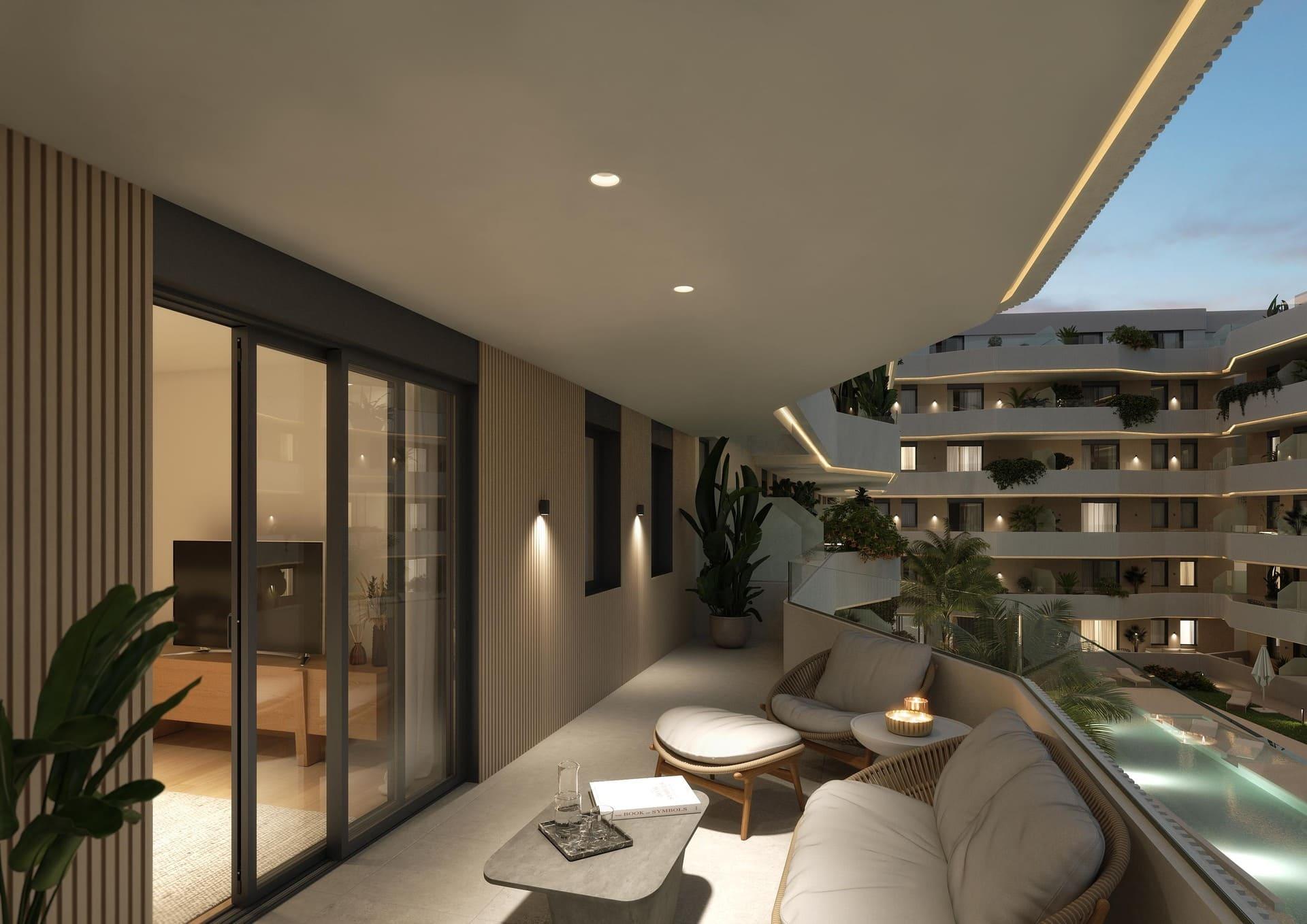Five-storey facade of new-build residential complex, Las Lagunas Centro, Mijas