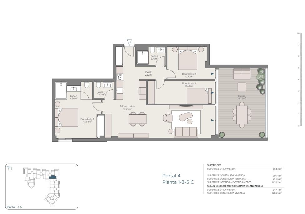 Floor plan of 3-bedroom ground-floor apartment, Los Pacos, Fuengirola
