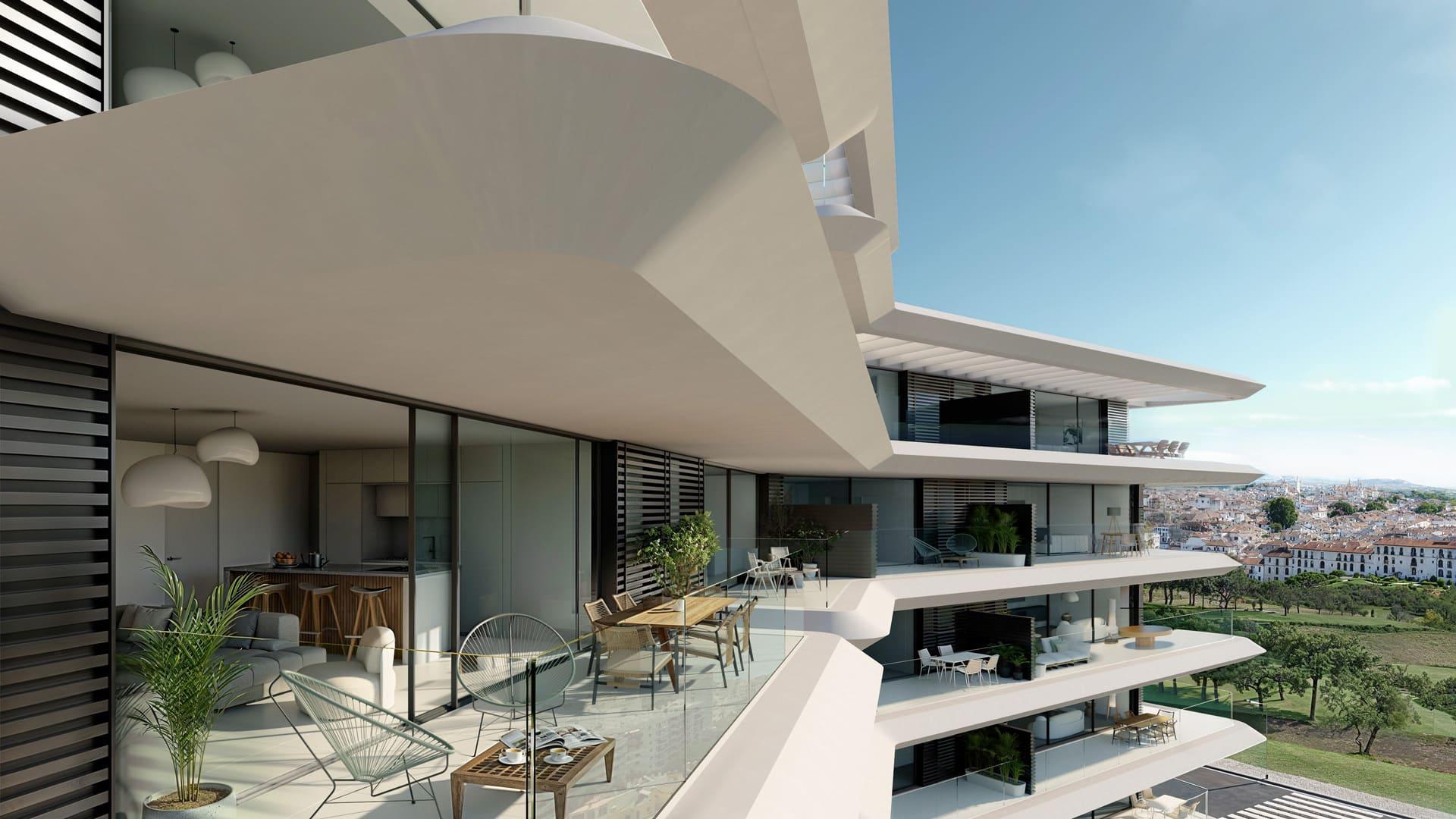 Terrace area of third-floor new-build apartment, Zona Las Mesas, Estepona