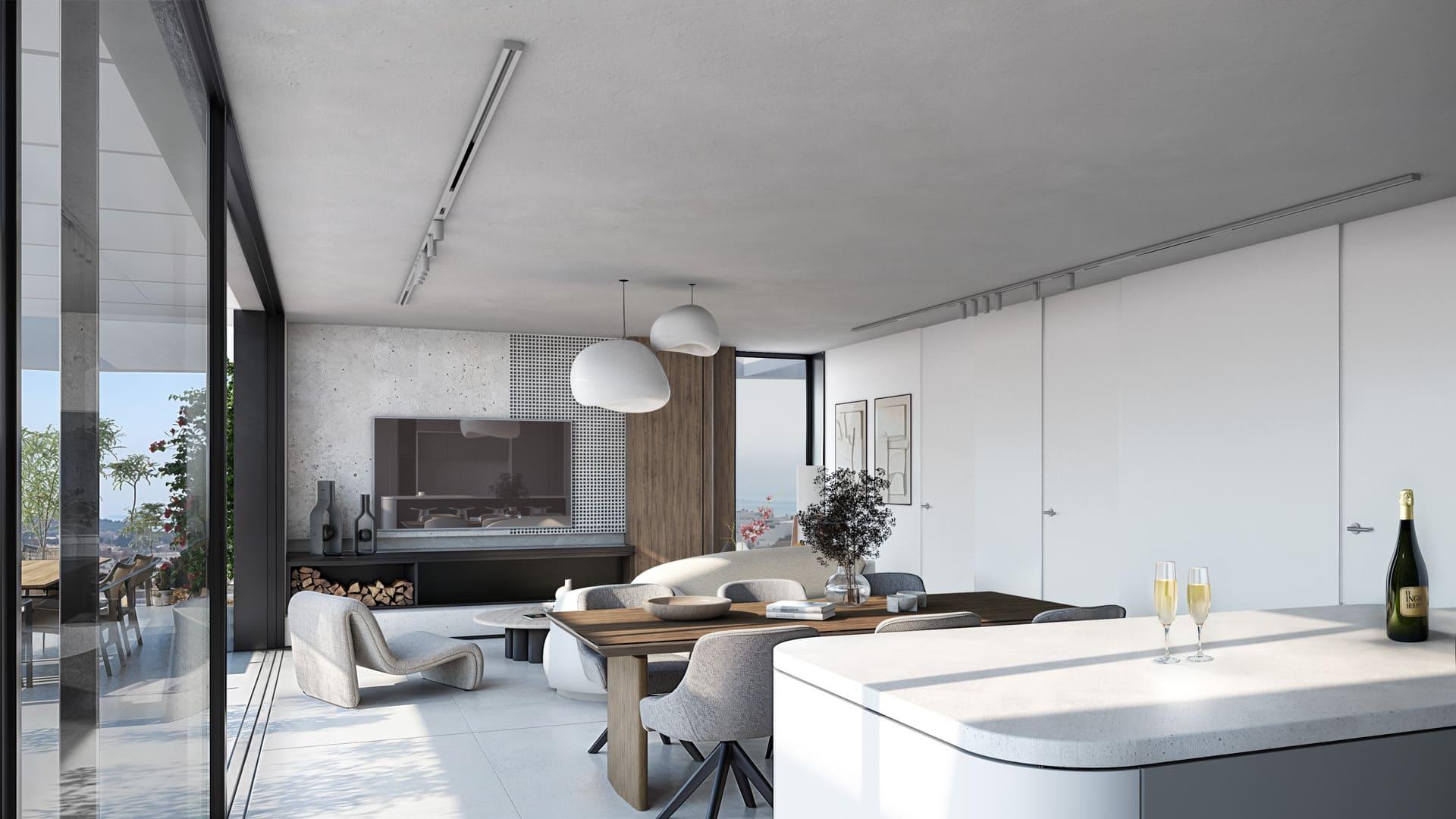 Open-plan living and dining area in 3-bedroom new-build apartment, Parque Central, Estepona