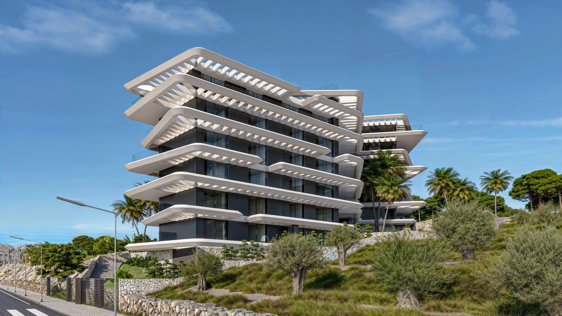 Aerial view of low-rise new-build development in Parque Central, Estepona