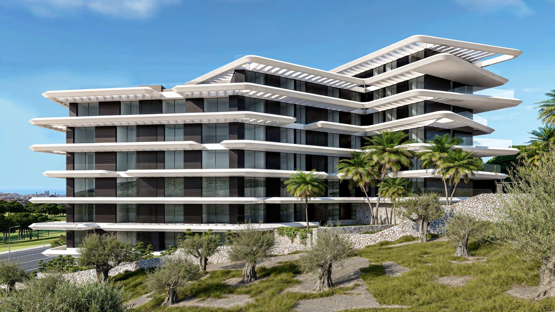 Living room with floor-to-ceiling windows in new-build apartment, Parque Central, Estepona