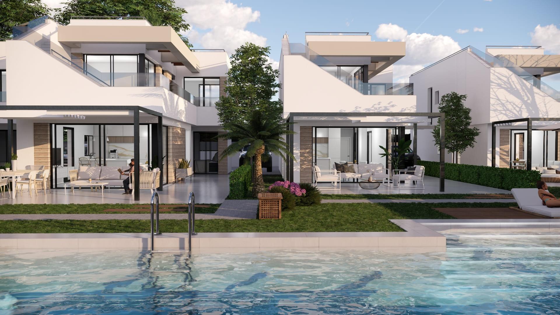 Open-plan living and dining room with large rear windows, new-build villa, Pinar de Campoverde