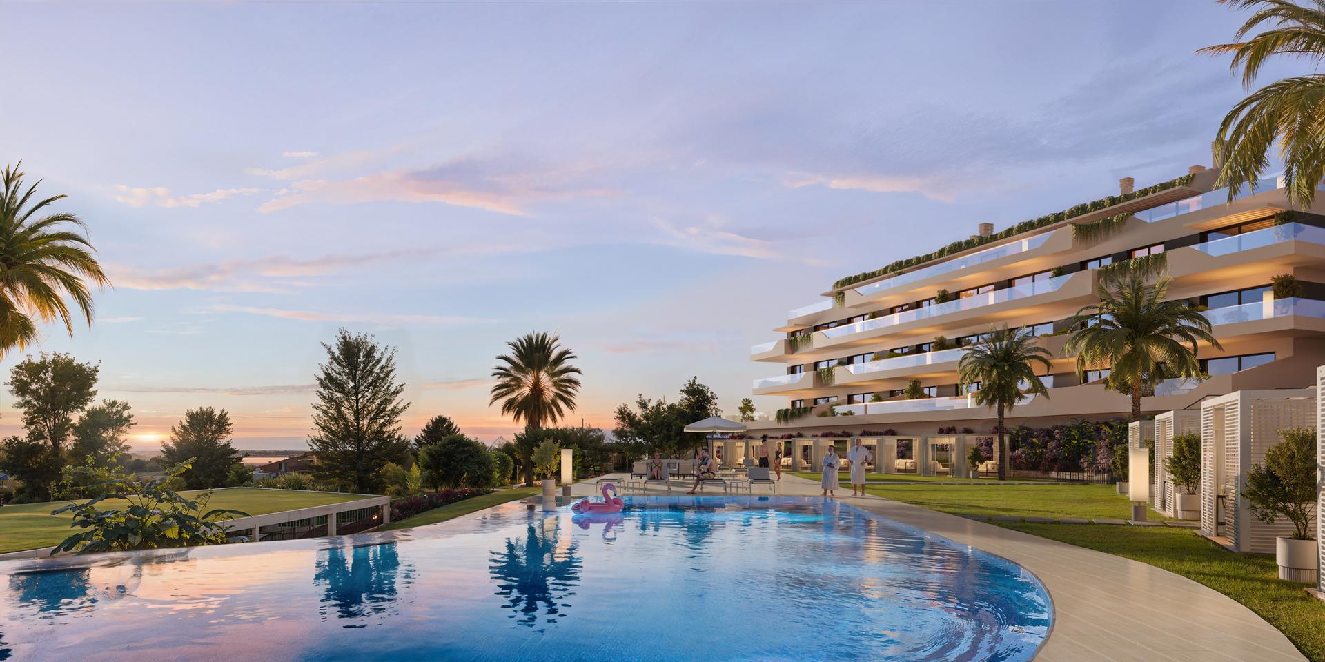 Illuminated rooftop terrace and communal pool at night, Calaburra, Mijas