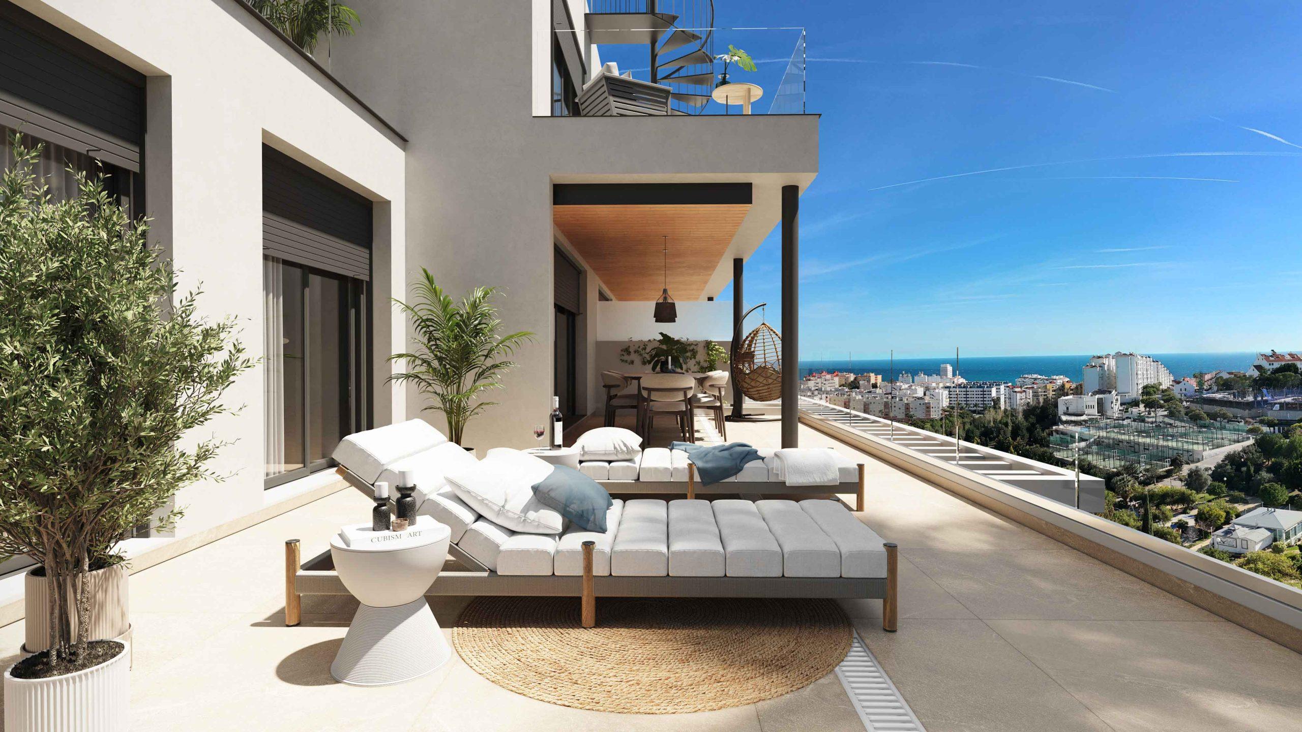 Private solarium terrace on top floor showing open sky and outdoor space, Las Mesas, Estepona