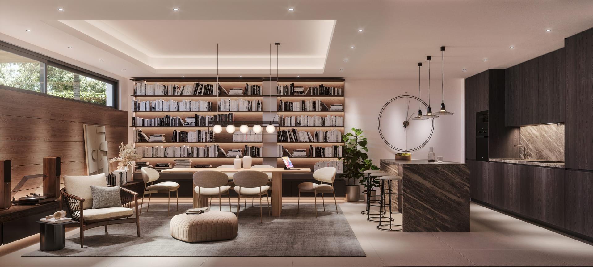 Living room with large windows in new-build villa, Hipodromo, Mijas