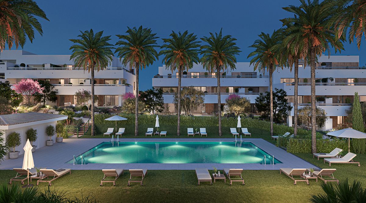 Communal pool area in new-build development, Arroyo Vaquero, Estepona