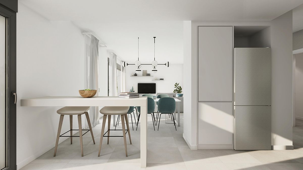 Kitchen and dining space in open-plan layout, Arroyo Vaquero new-build