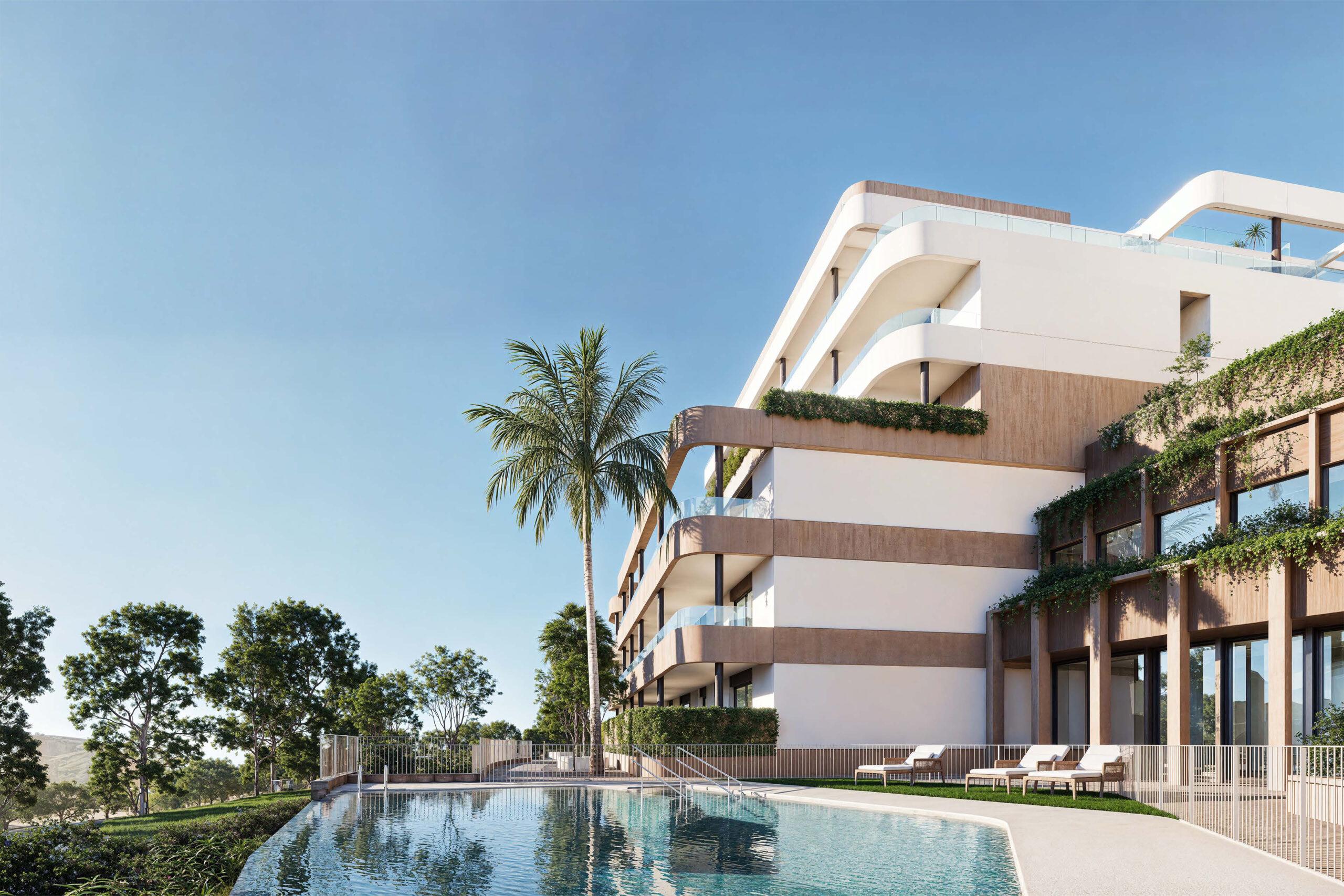 Communal garden and pool area at new-build apartment complex, Estepona Golf, Estepona