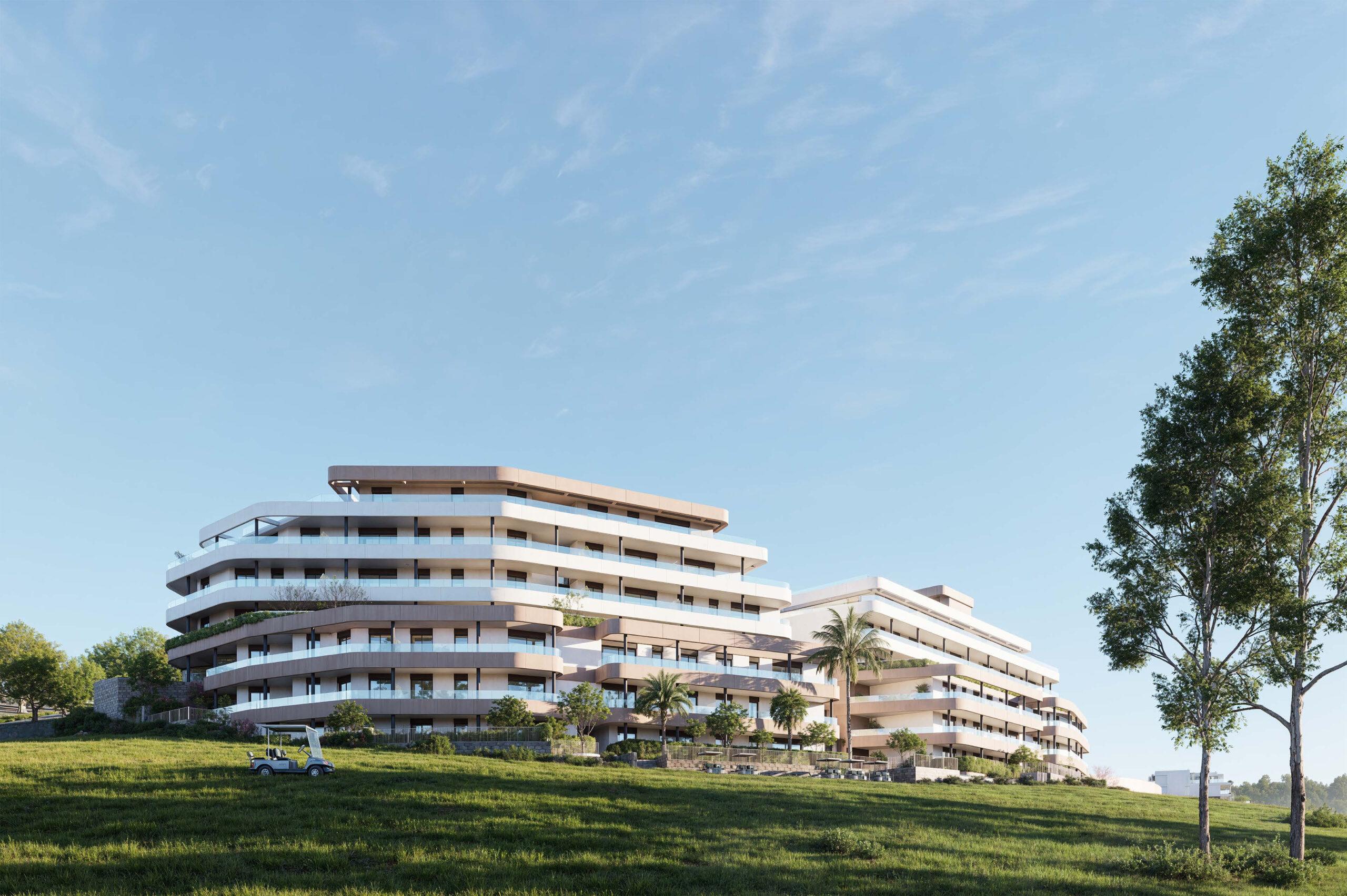 Aerial or site view of new-build apartment development in Estepona Golf, Estepona