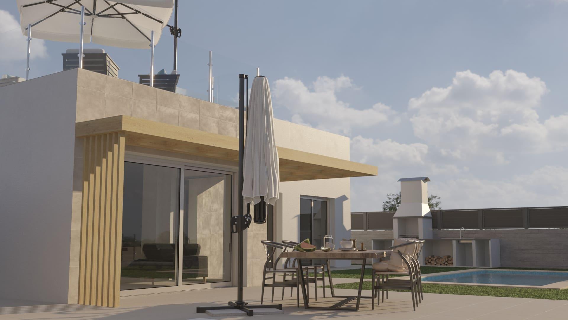 Front facade of new-build villa in La Alberca, Polop, showing entrance and plot boundary