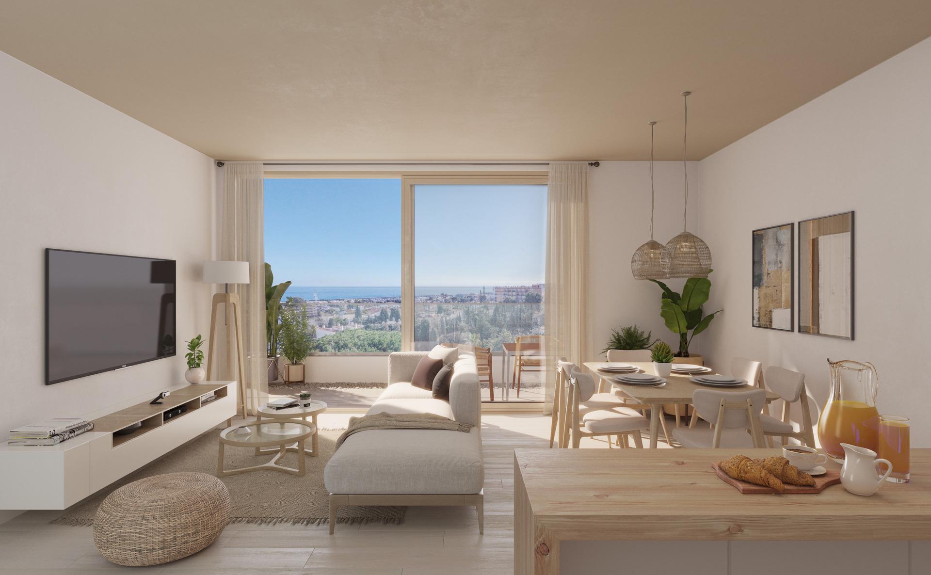 Open-plan living and dining area in 3-bedroom new-build penthouse, Montemar, Torremolinos