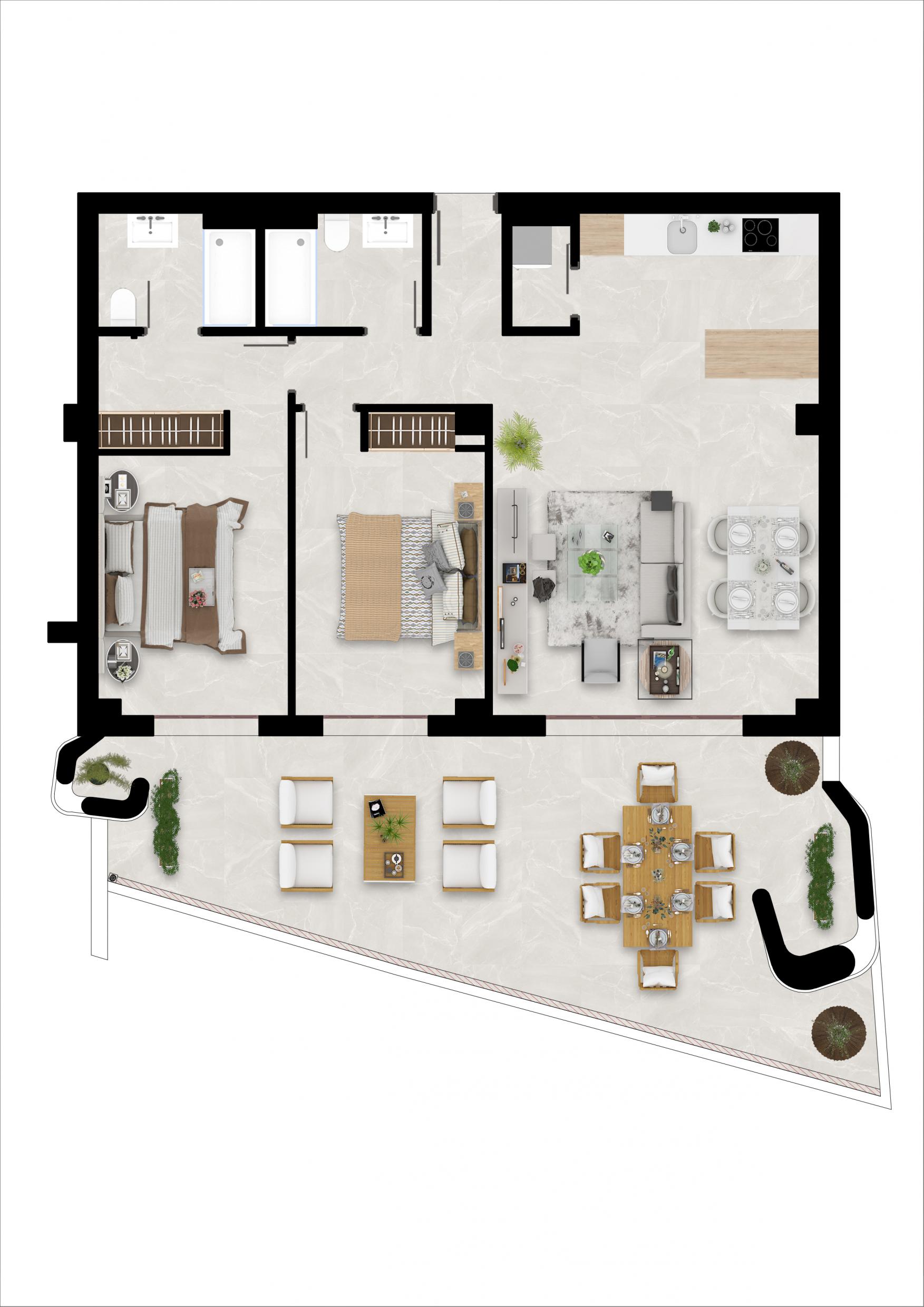 Aerial view of new-build apartment complex set in hills, Cortés, Benahavis