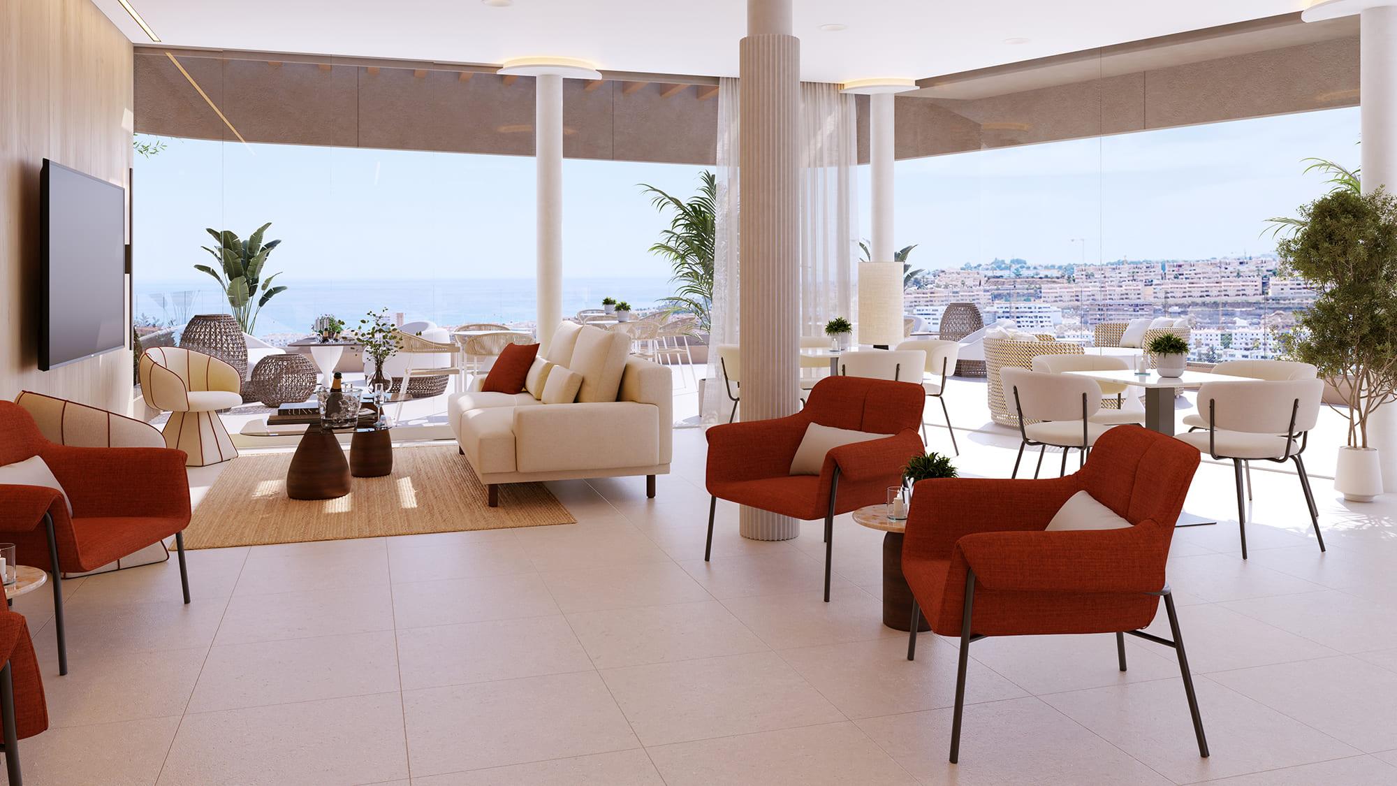Communal pool area in new-build residential development, La Cala de Mijas