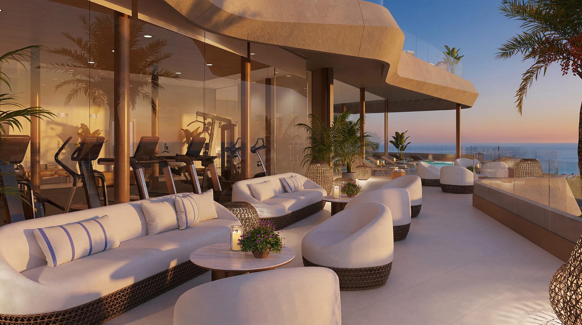 Open-plan living and dining area with porcelain tile flooring in 3-bedroom new-build apartment, La Cala de Mijas