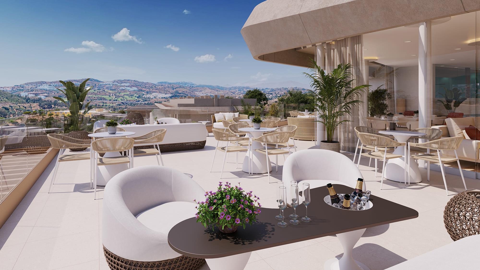 Open-plan kitchen and dining area with integrated appliances, new-build apartment, La Cala de Mijas