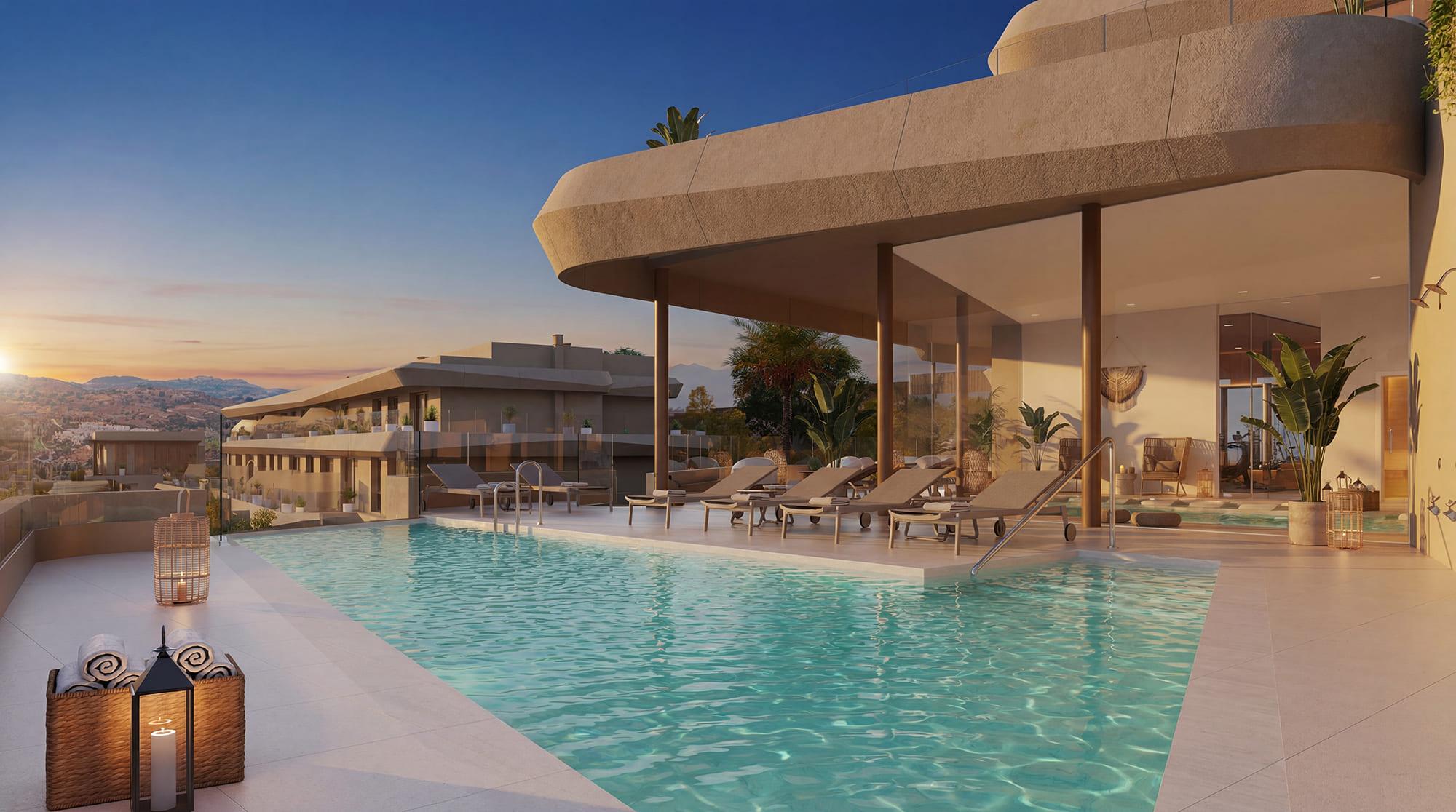 Pool area viewed from terrace level in new-build development, La Cala de Mijas