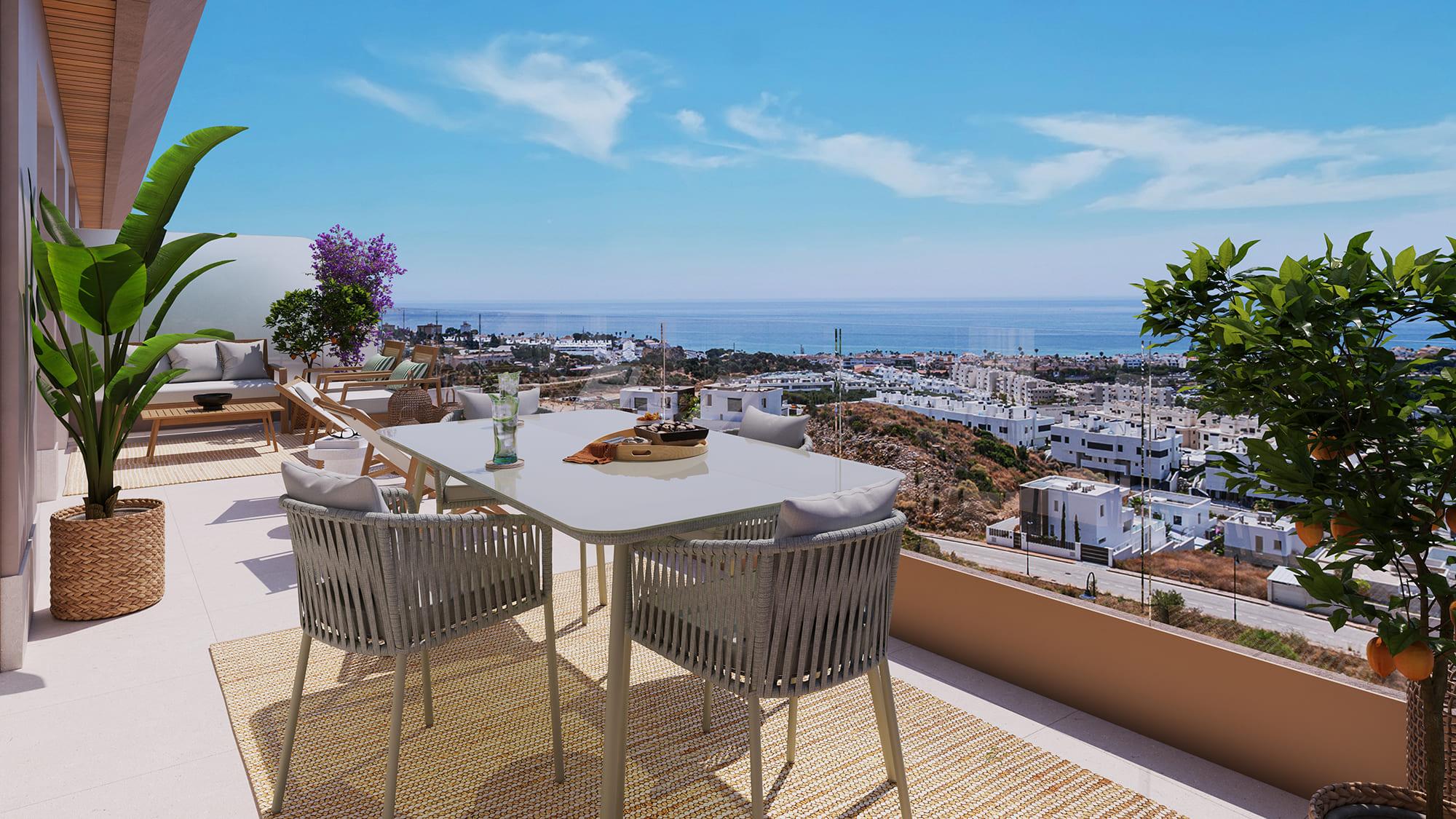 Pool area viewed from upper floor, new-build complex, La Cala de Mijas
