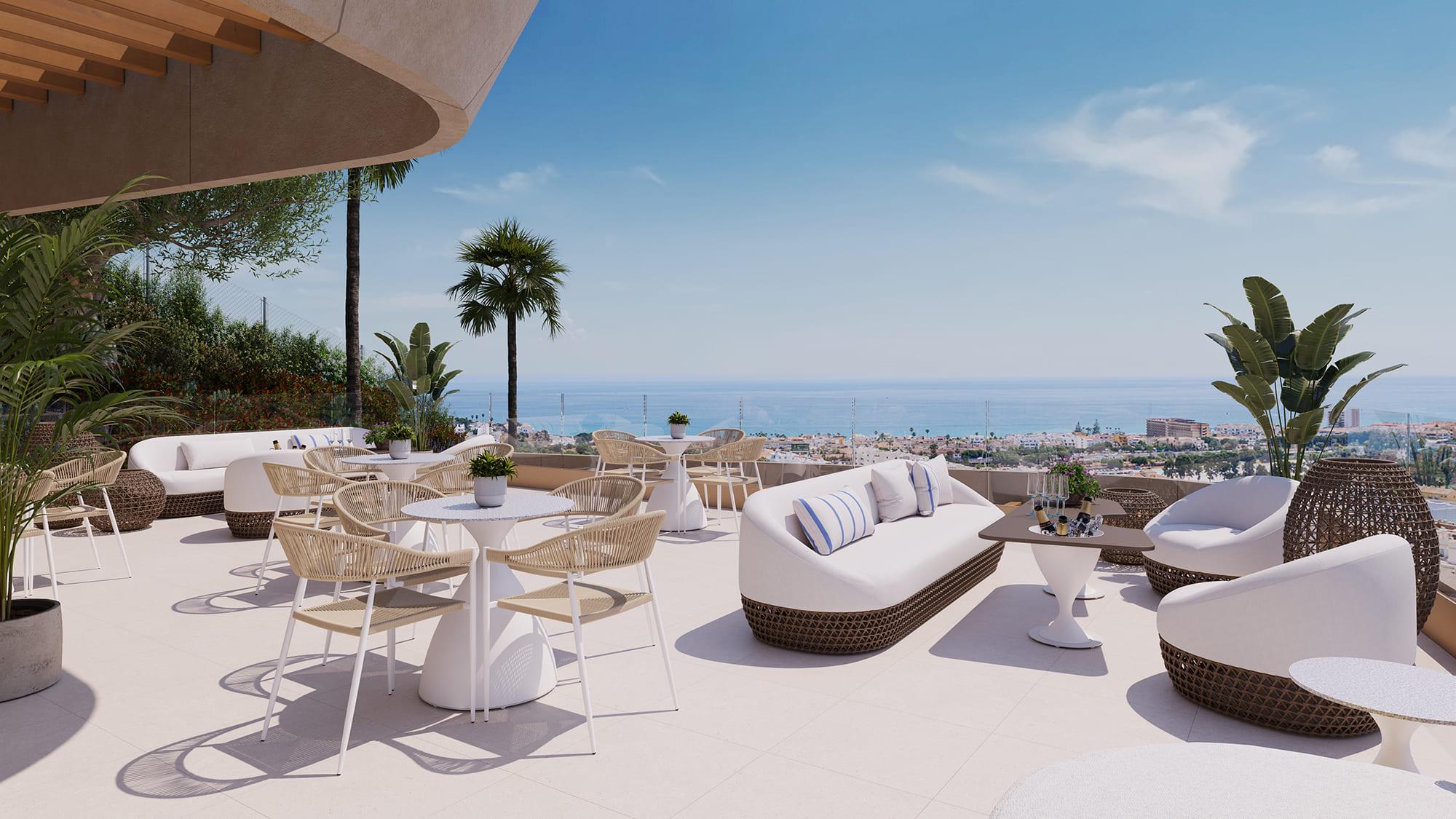 Garden seating area within residential complex, La Cala de Mijas