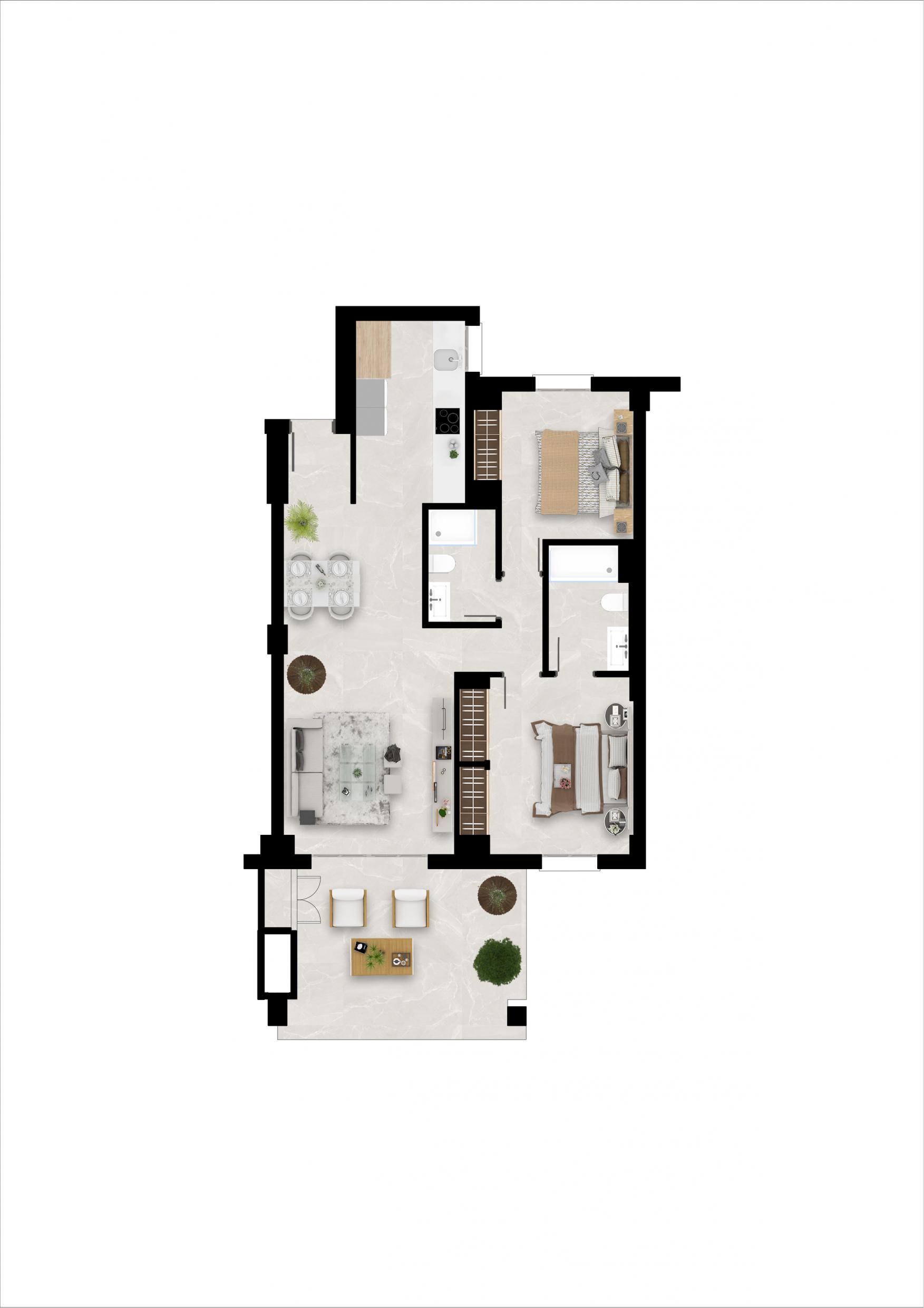 Floor plan of 2-bedroom ground-floor apartment in Hipódromo-Cerrado del Águila, Mijas