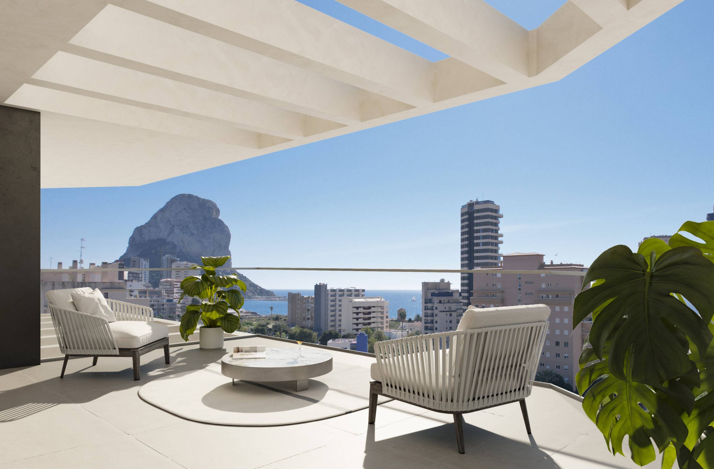 Communal pool and solarium area within the residential complex, Playa Arenal-Bol, Calpe