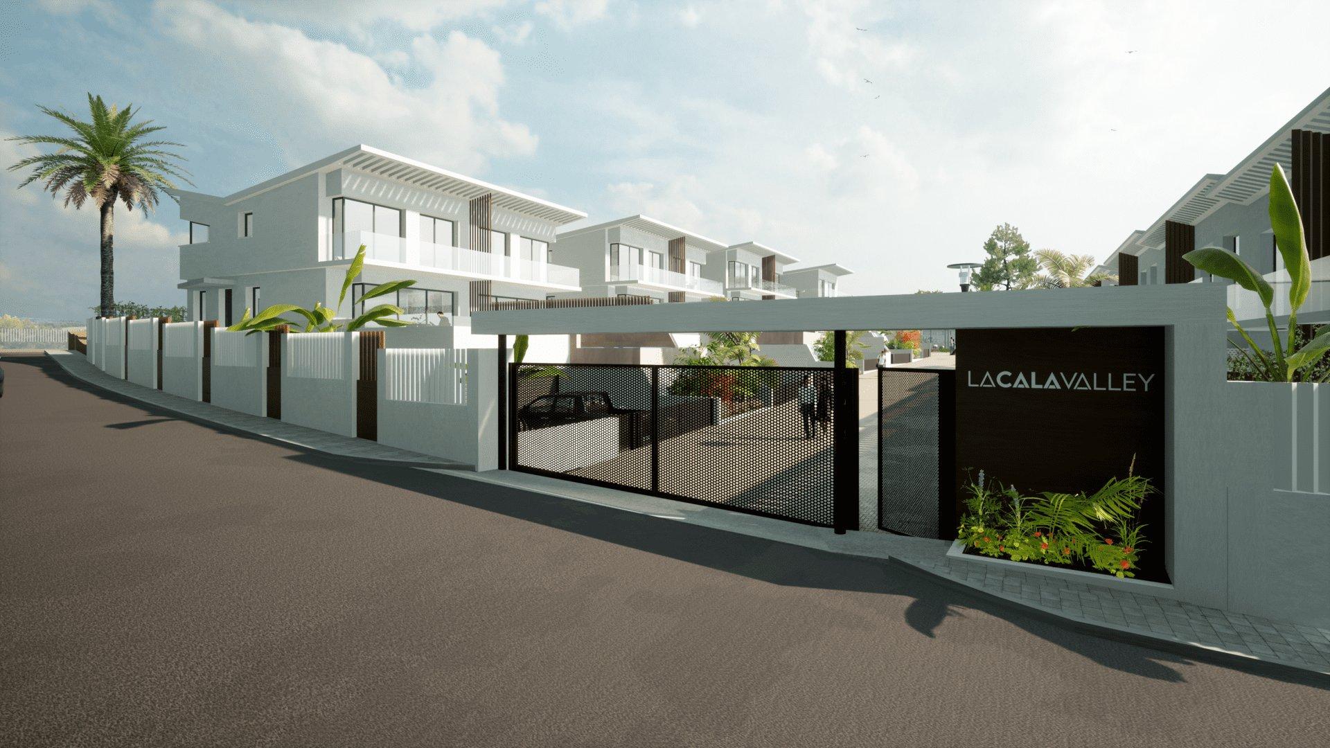 Exterior facade of new-build townhouse development, La Cala Golf
