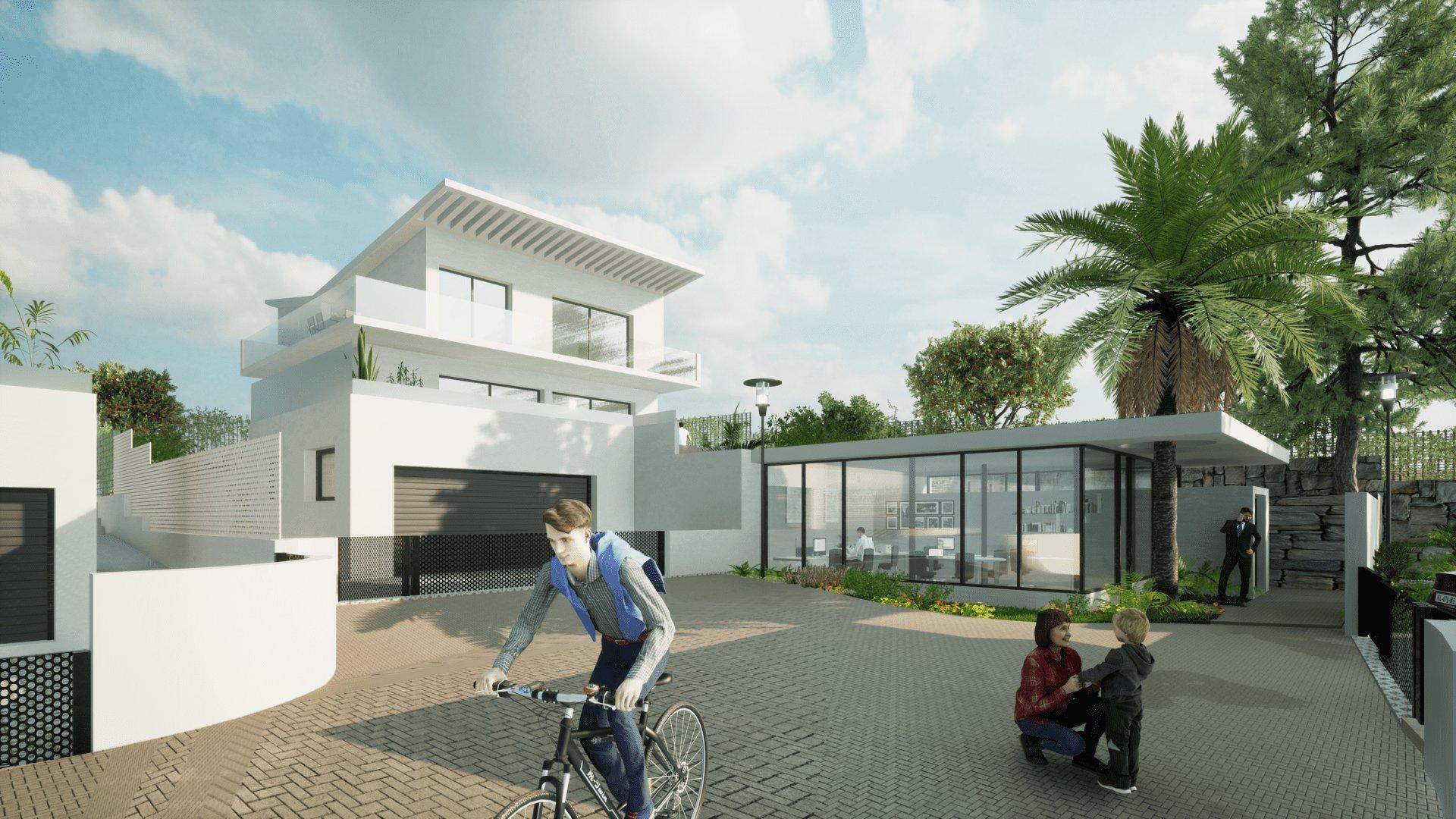 Exterior facade detail of new-build townhouse showing finish and design, La Cala Golf