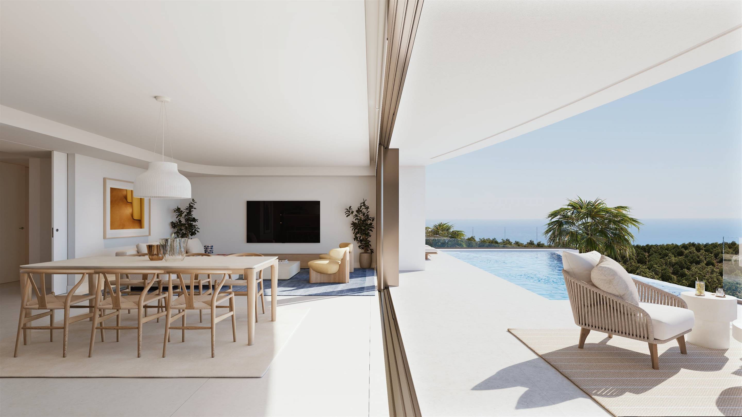Covered terrace overlooking sea from new-build villa in Alcassar, Benitachell