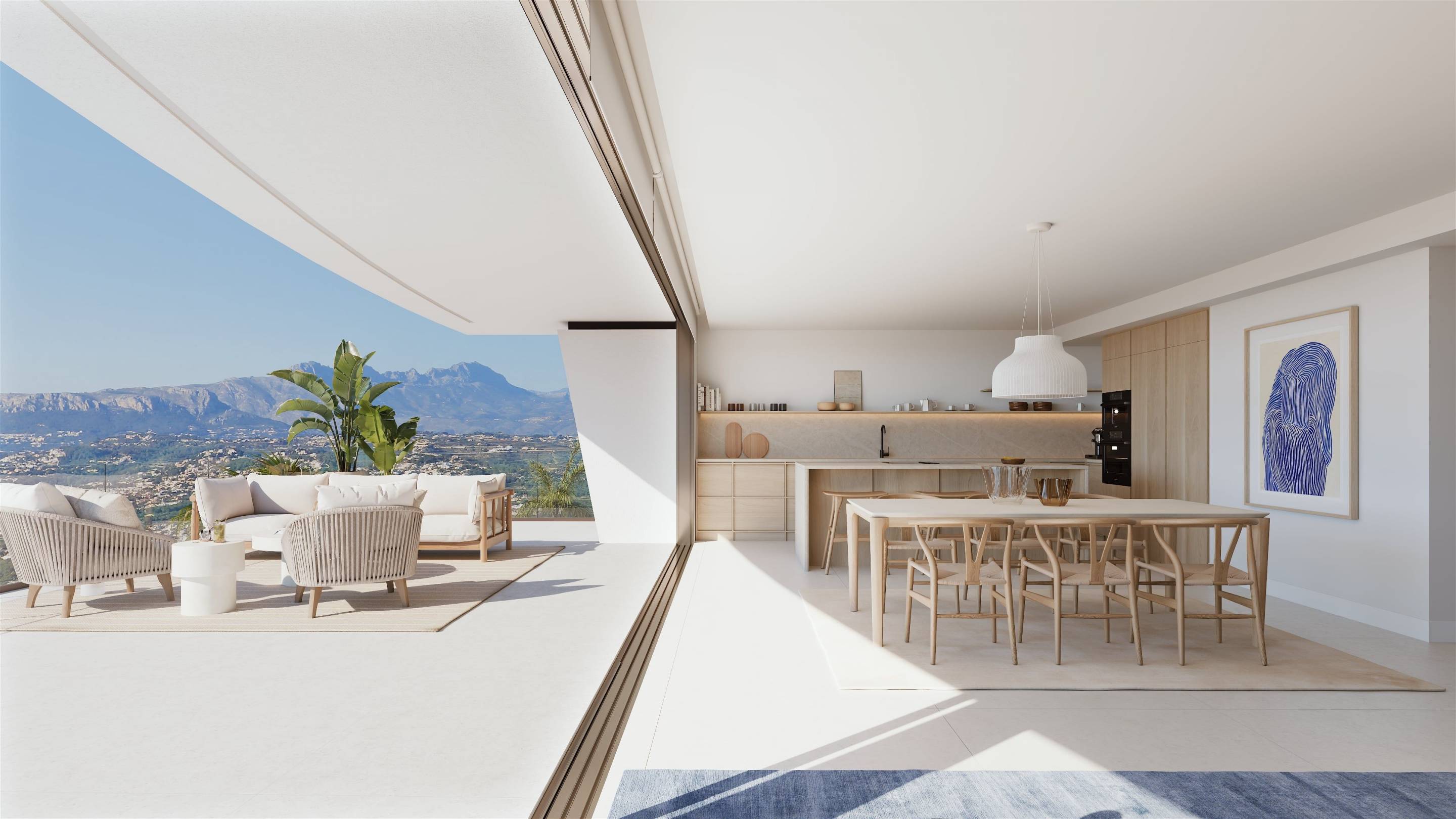 Dining area within open-plan interior of new-build villa, Alcassar, Benitachell