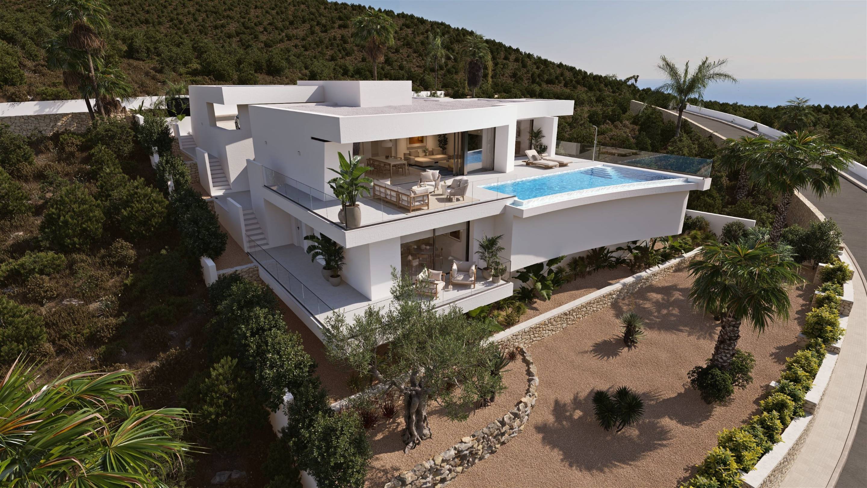 Open-plan living area with porcelain tile flooring in new-build villa, Alcassar