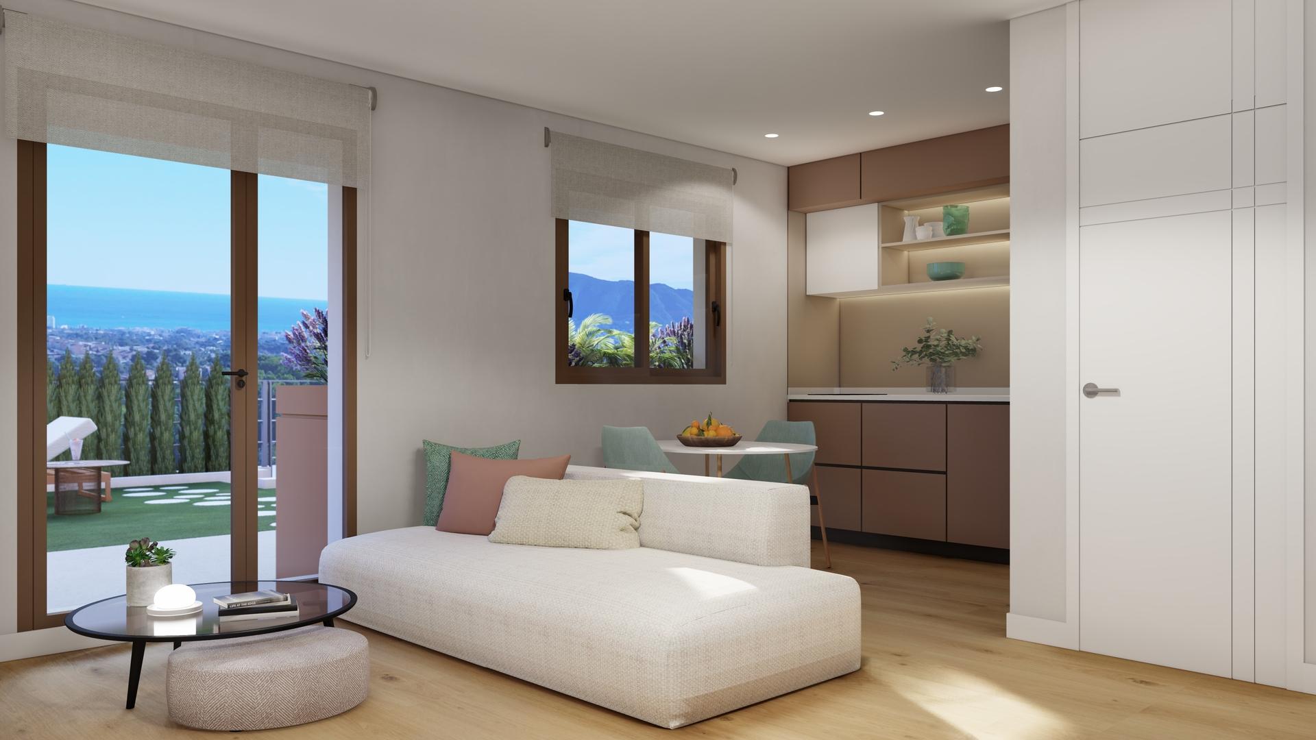 Wooden flooring in living area of Montebello townhouse, La Nucía
