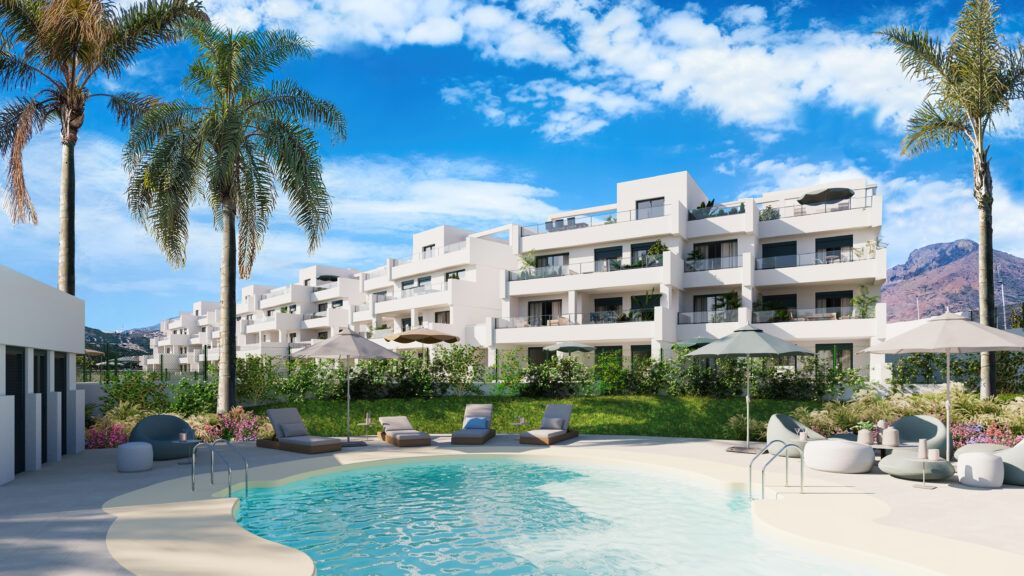 Open-plan living and dining area with ceramic tile flooring in 2-bedroom penthouse, Estepona Golf