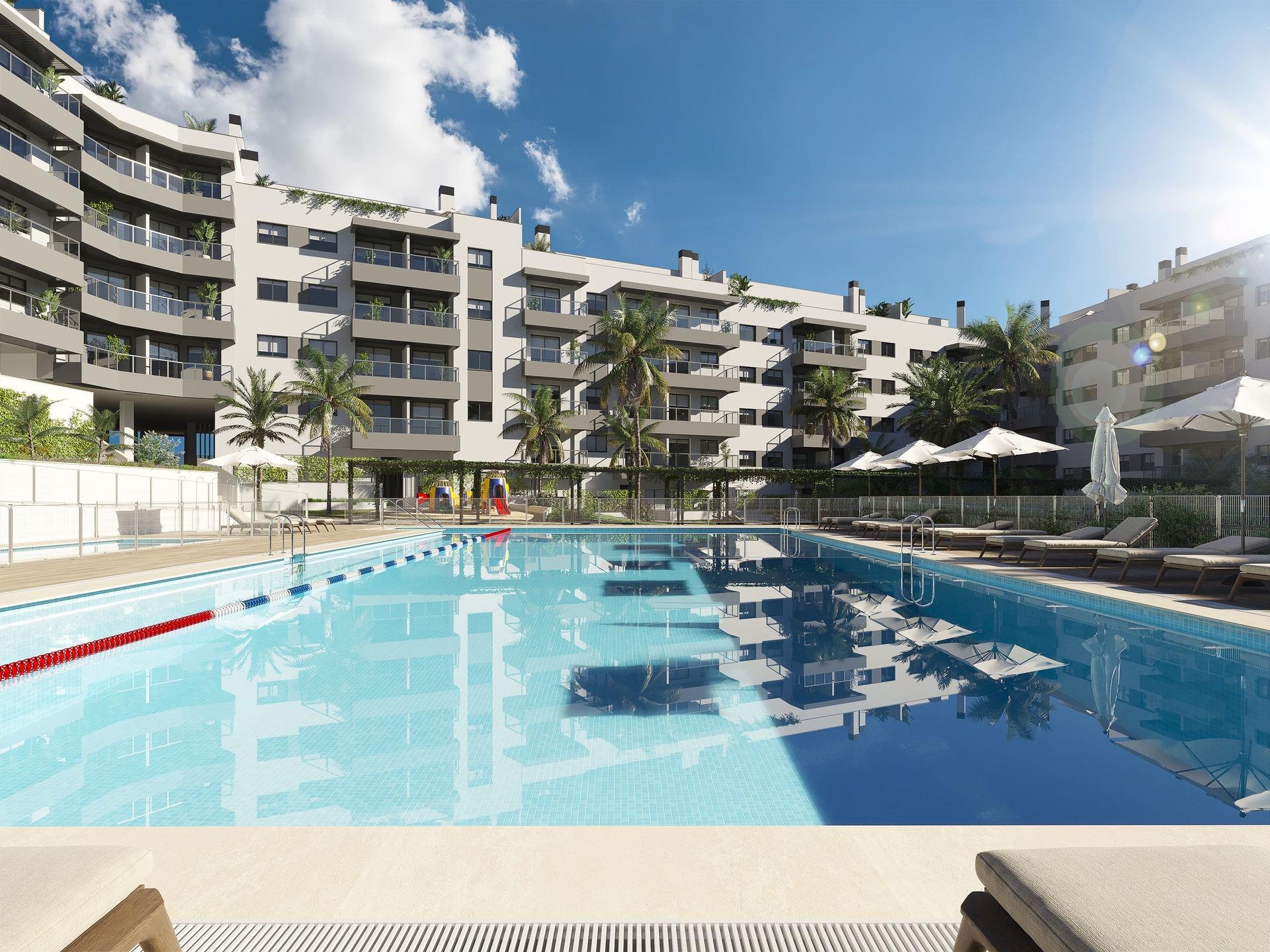 Open-plan living area with floating platform flooring in ground-floor apartment, Las Lagunas