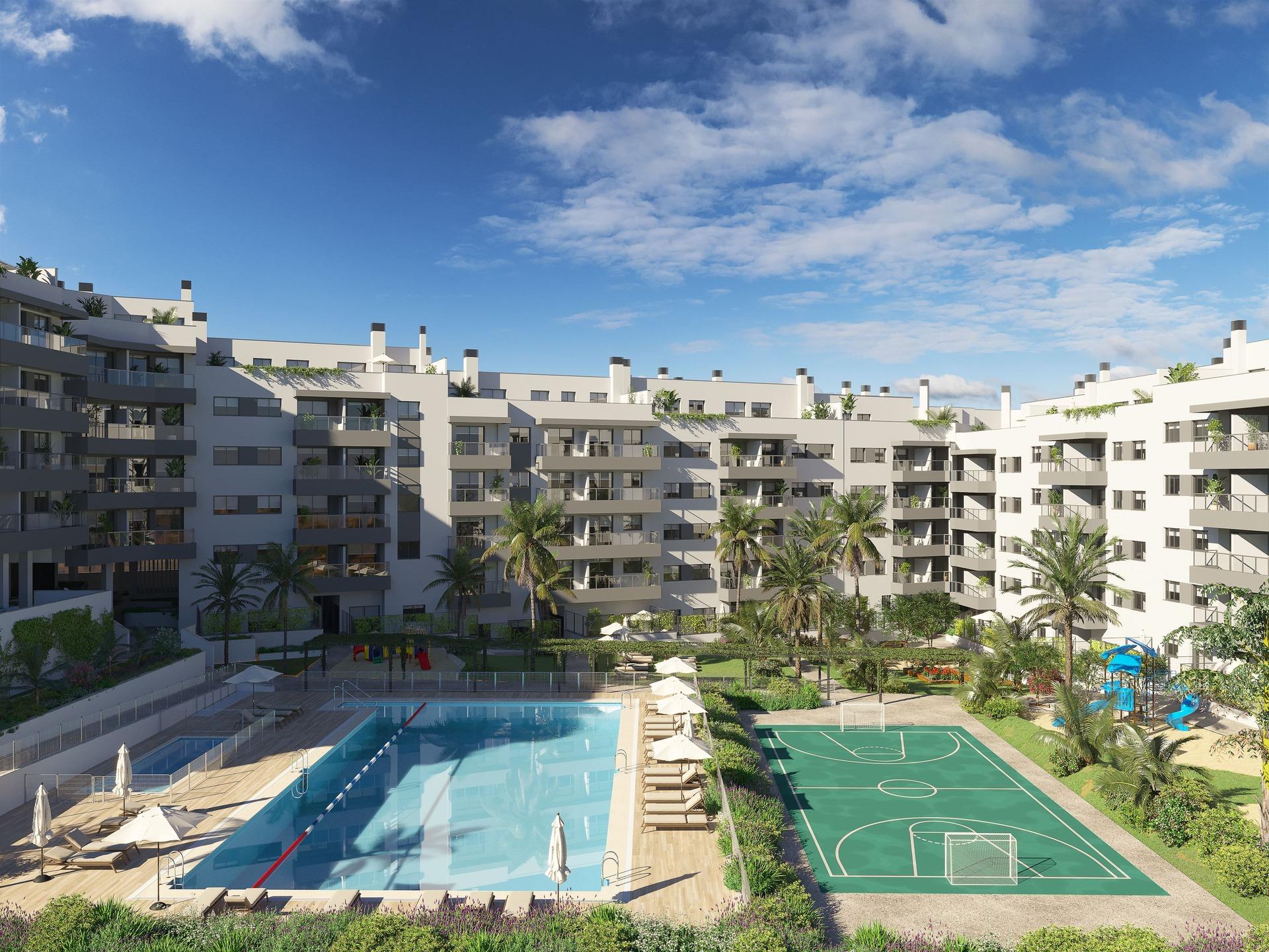 View from ground-floor terrace towards communal gardens, Las Lagunas