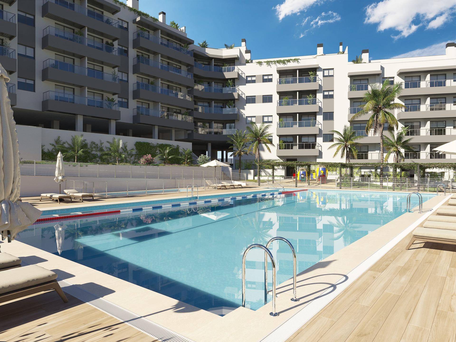 Living room flooring and layout in 2-bed new-build apartment, Las Lagunas