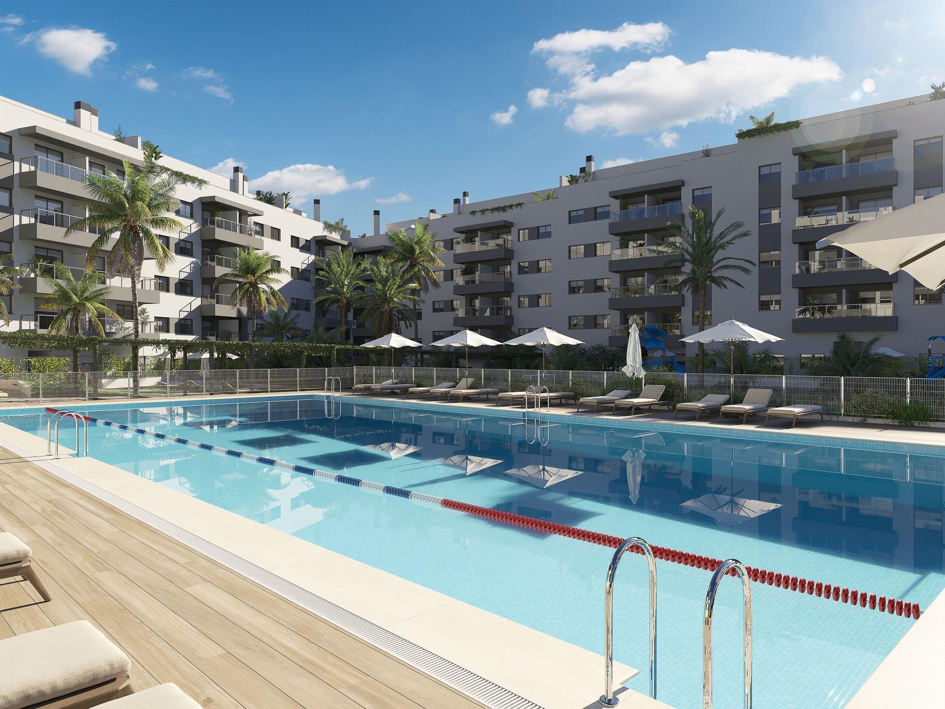 Street-level view of new-build residential complex, Las Lagunas, Mijas