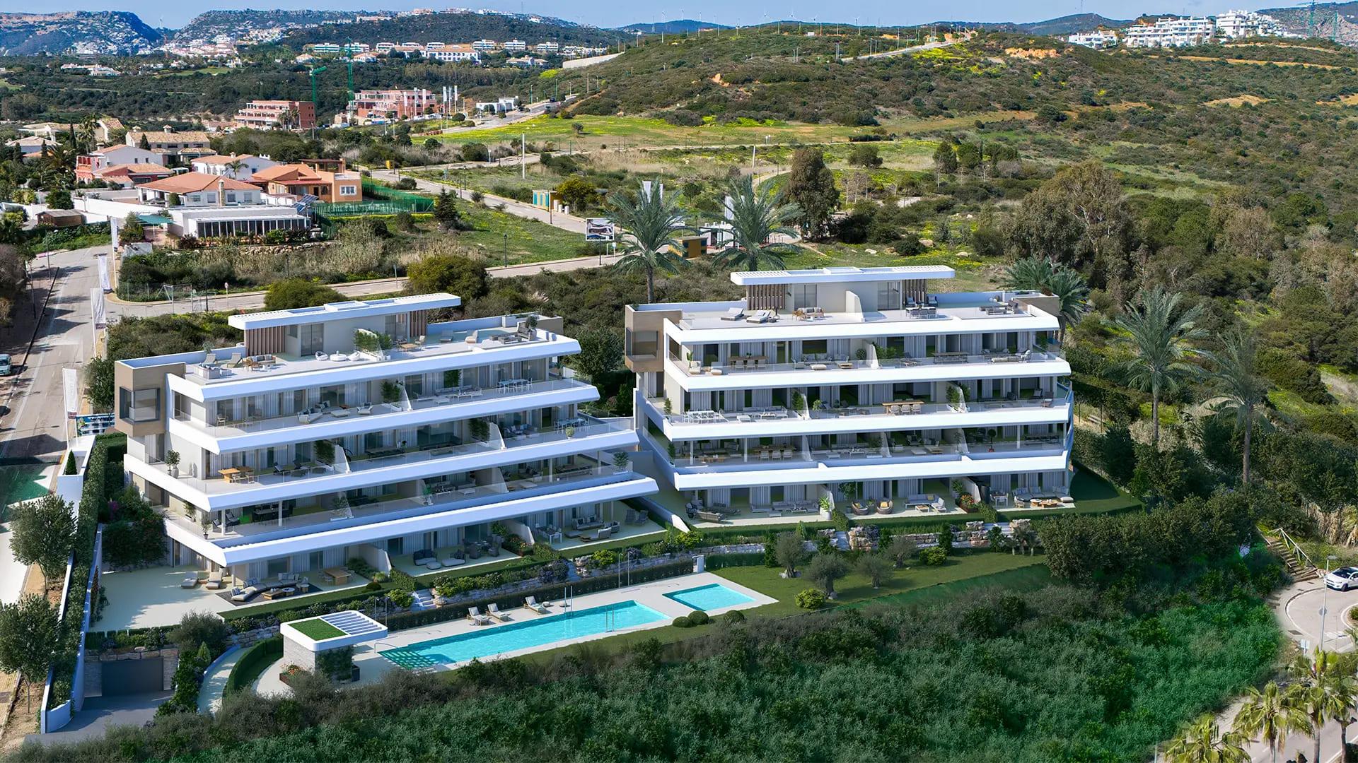 Exterior view of two-storey new-build apartment building, La Galera, Estepona