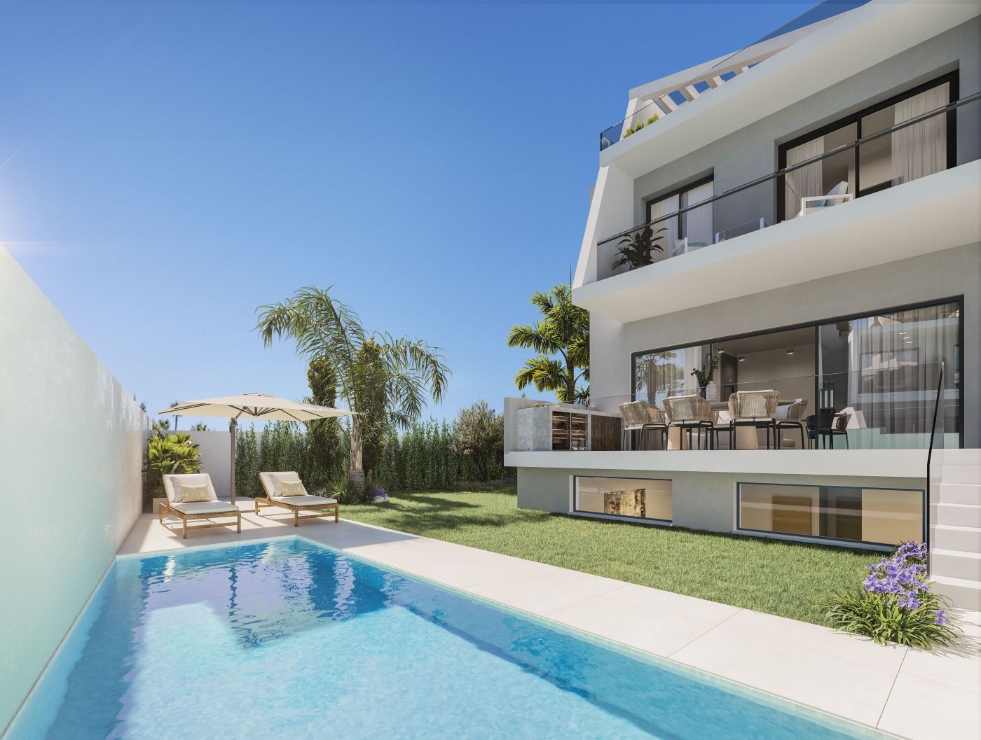 Kitchen with porcelain tile floors in 3-bedroom new-build villa, Whater Gardens, Estepona