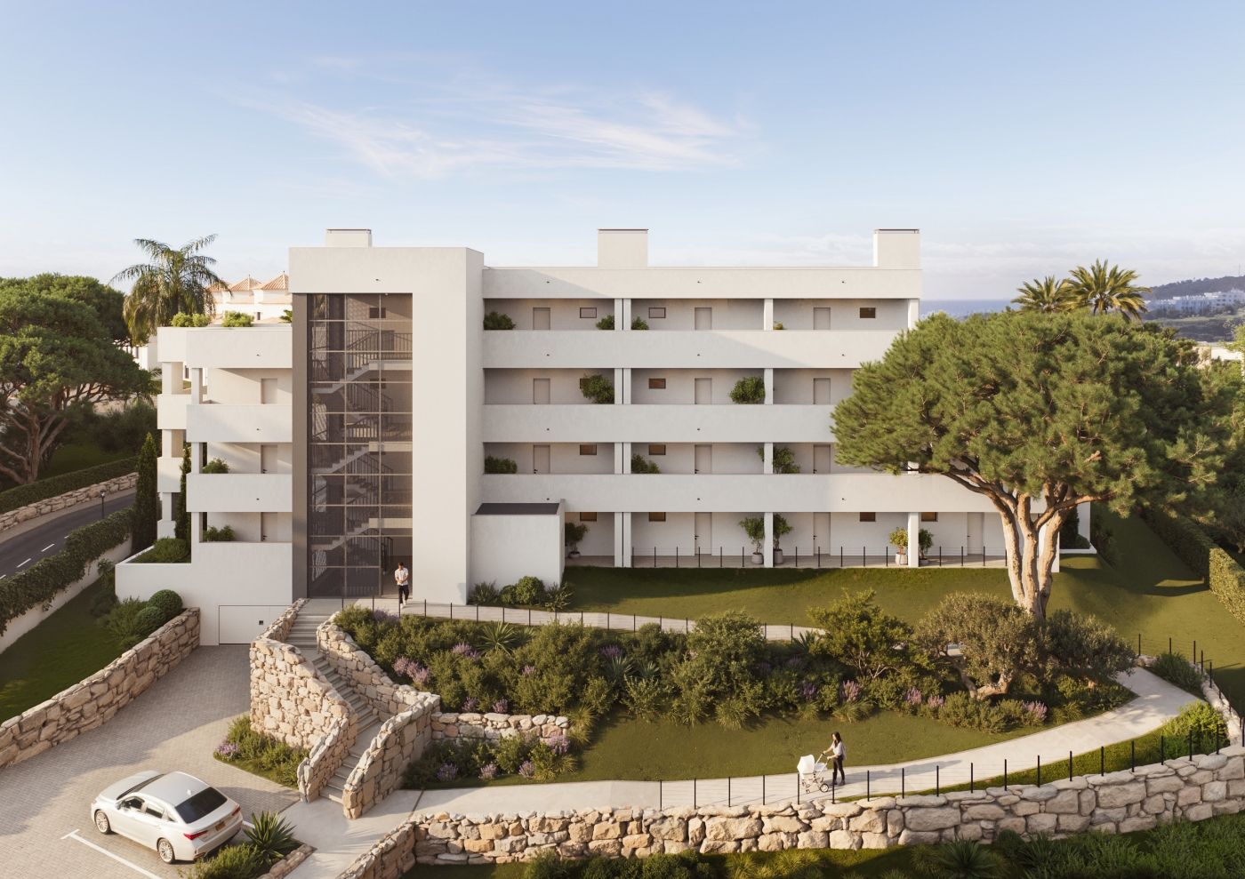 Stairwell and lift lobby in new-build apartment block, El Castillo, Manilva