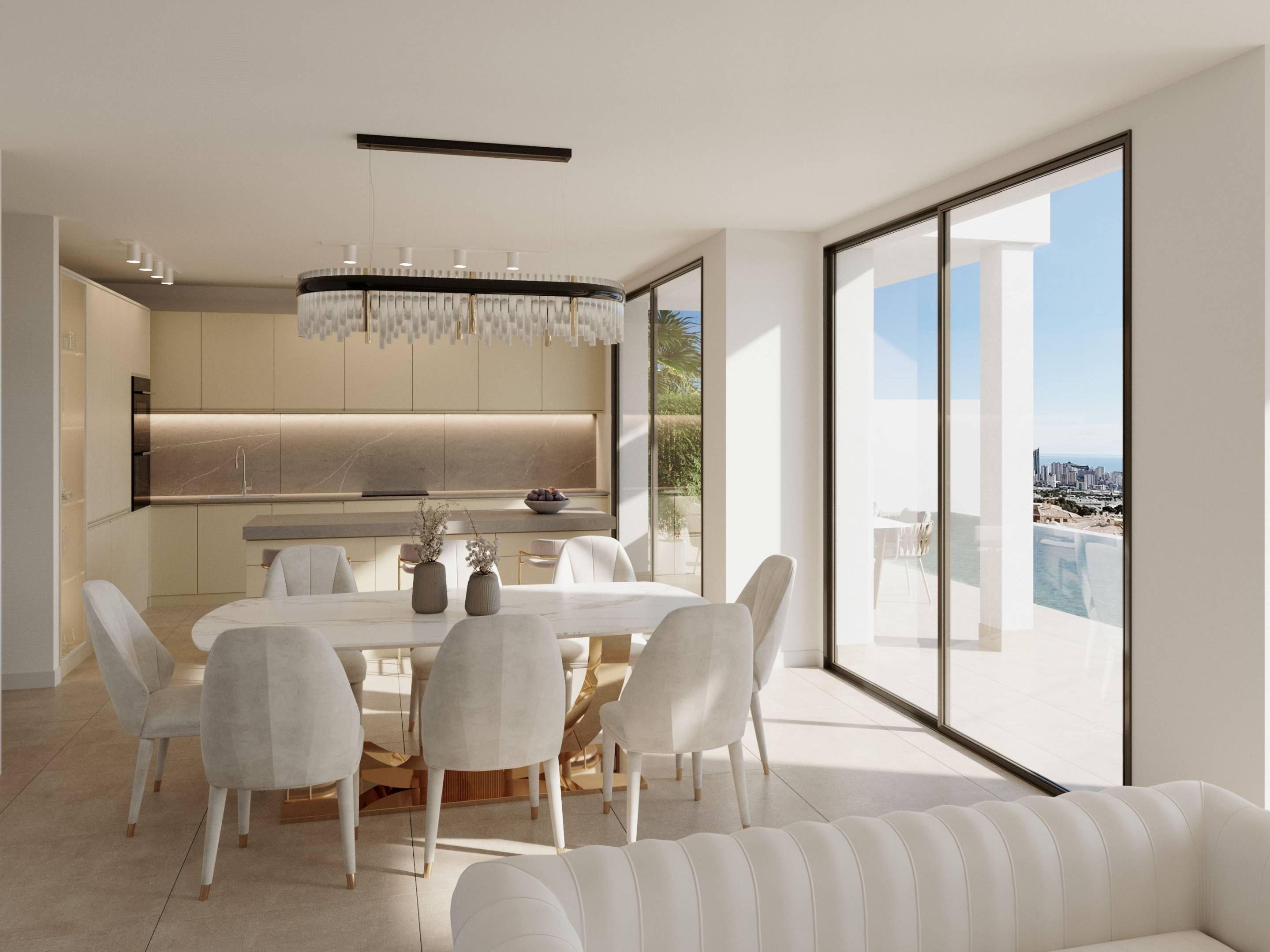 Open-plan living area in 5-bedroom new-build villa, Sierra Cortina, Finestrat