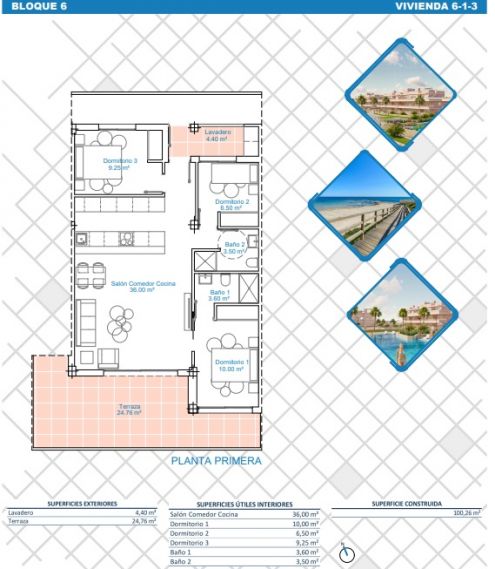 Floor plan of 3-bedroom new-build apartment in Zona Pueblo, Pilar De La Horadada
