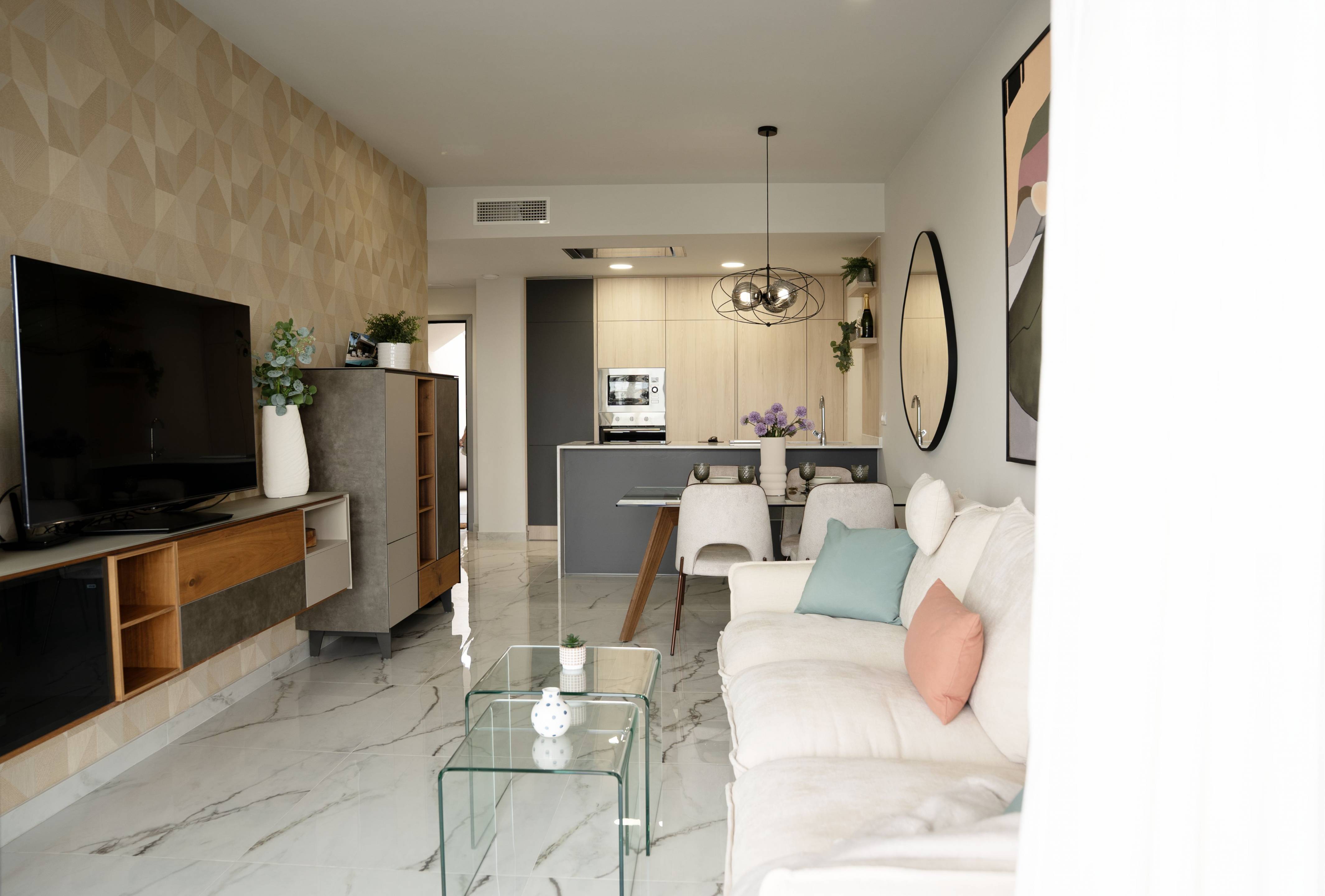 Living area with porcelain tile flooring and natural light, Lo Marabu bungalow