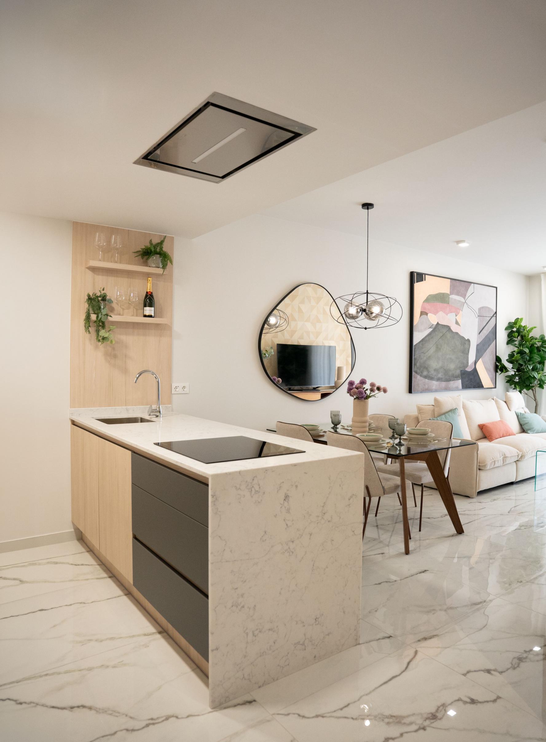 Open-plan living and kitchen layout, 2-bedroom new-build bungalow, Lo Marabu